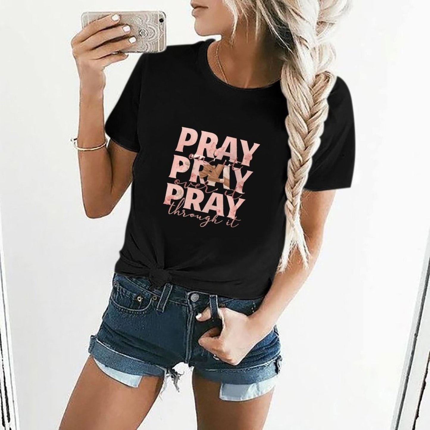 Gildan T-shirt Women Pray On, Over, Through Spring and Summer Round Neck Short - sleeved Tops Women's Casual Sports T-shirt - TrendyLookz