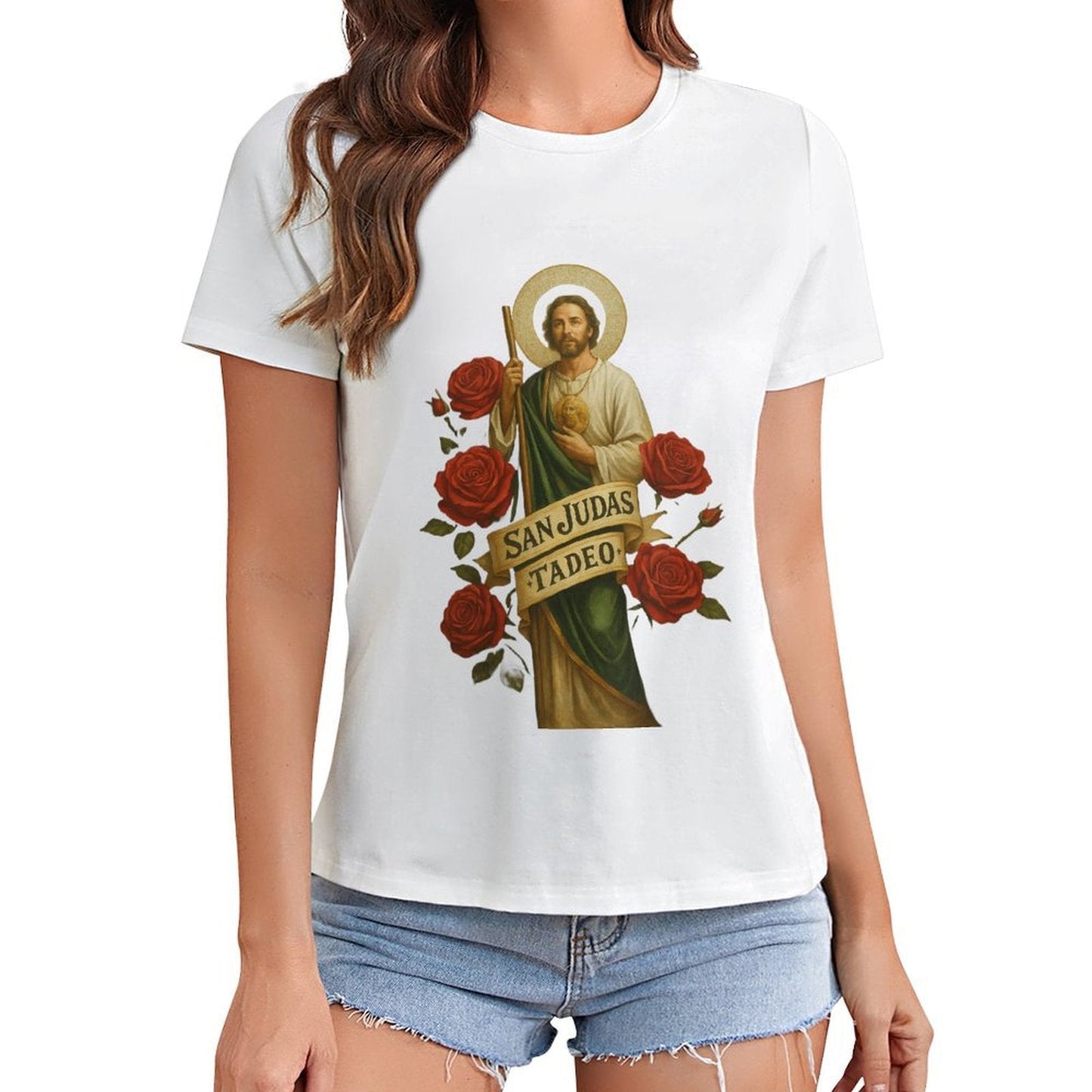 Gildan T-shirt Women Saint Jude Thaddeus Iconography Spring and Summer Round Neck Short - sleeved Tops Women's Casual Sports T-shirt - TrendyLookz