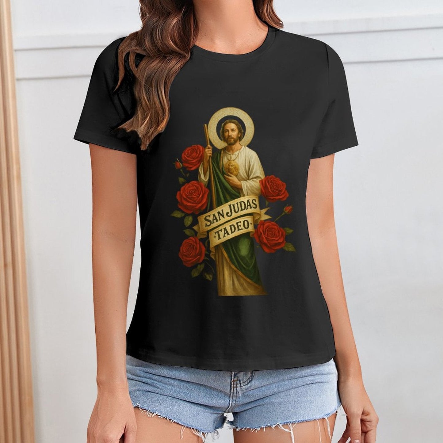 Gildan T-shirt Women Saint Jude Thaddeus Iconography Spring and Summer Round Neck Short - sleeved Tops Women's Casual Sports T-shirt - TrendyLookz