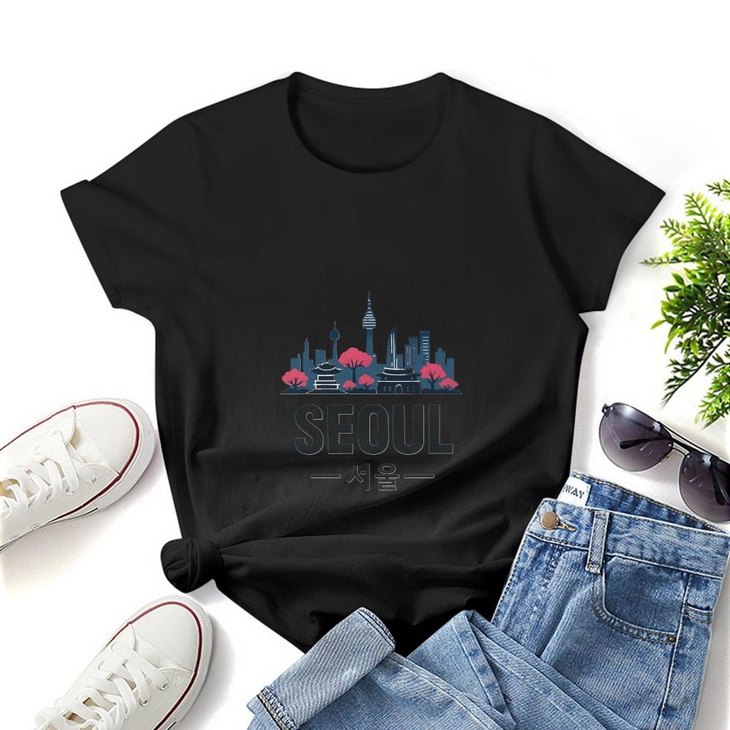 Gildan T-shirt Women Seoul Skyline And Tradition Spring and Summer Round Neck Short - sleeved Tops Women's Casual Sports T-shirt - TrendyLookz