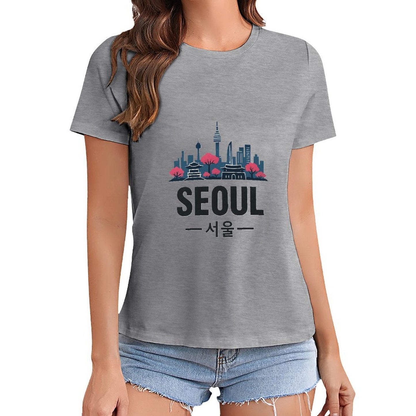 Gildan T-shirt Women Seoul Skyline And Tradition Spring and Summer Round Neck Short - sleeved Tops Women's Casual Sports T-shirt - TrendyLookz