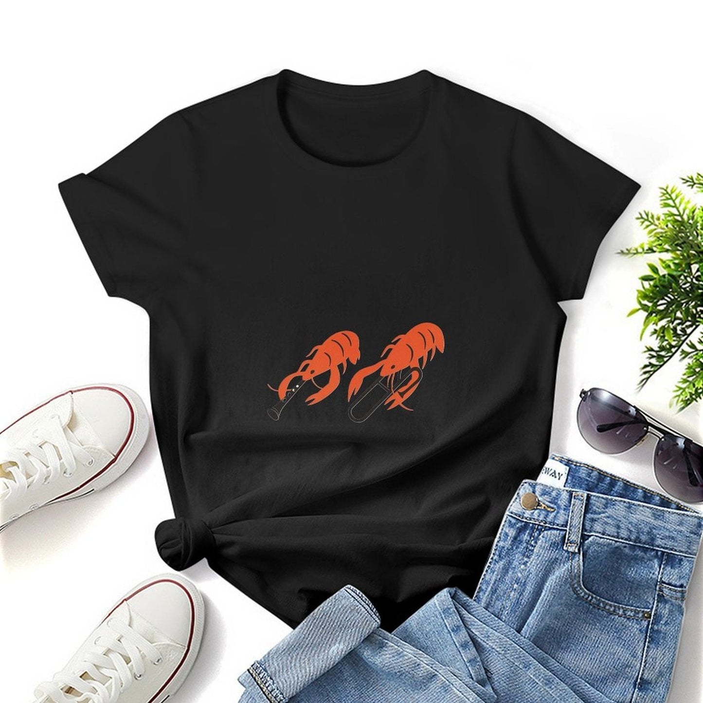 Gildan T-shirt Women Shrimp Playing Musical Instruments - U1 Spring and Summer Round Neck Short - sleeved Tops Women's Casual Sports T-shirt - TrendyLookz