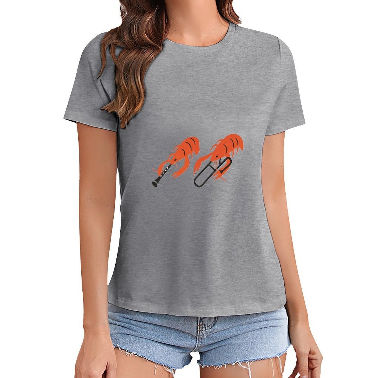 Gildan T-shirt Women Shrimp Playing Musical Instruments - U1 Spring and Summer Round Neck Short - sleeved Tops Women's Casual Sports T-shirt - TrendyLookz