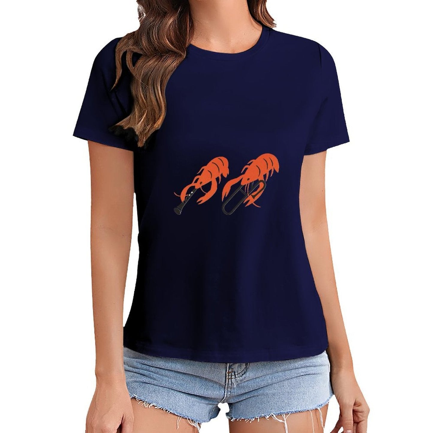 Gildan T-shirt Women Shrimp Playing Musical Instruments - U1 Spring and Summer Round Neck Short - sleeved Tops Women's Casual Sports T-shirt - TrendyLookz