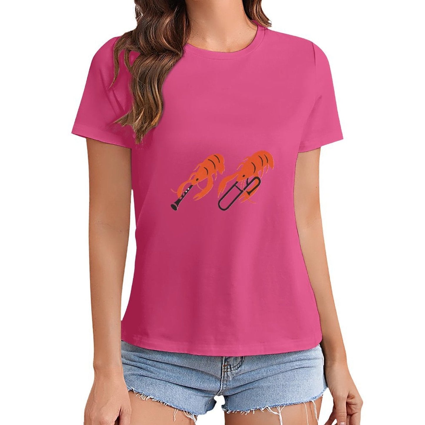 Gildan T-shirt Women Shrimp Playing Musical Instruments - U1 Spring and Summer Round Neck Short - sleeved Tops Women's Casual Sports T-shirt - TrendyLookz