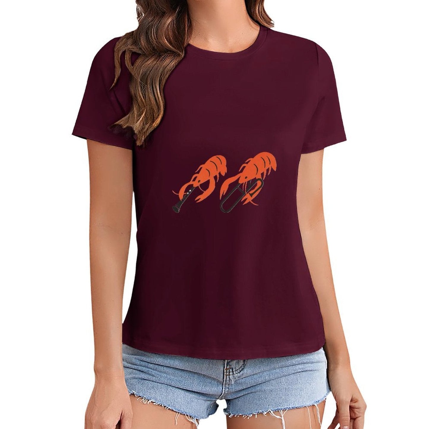 Gildan T-shirt Women Shrimp Playing Musical Instruments - U1 Spring and Summer Round Neck Short - sleeved Tops Women's Casual Sports T-shirt - TrendyLookz