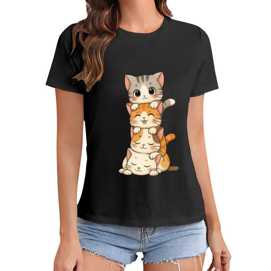 Gildan T-shirt Women Stacked Adorable Sleeping Cats - U1 Spring and Summer Round Neck Short - sleeved Tops Women's Casual Sports T-shirt - TrendyLookz