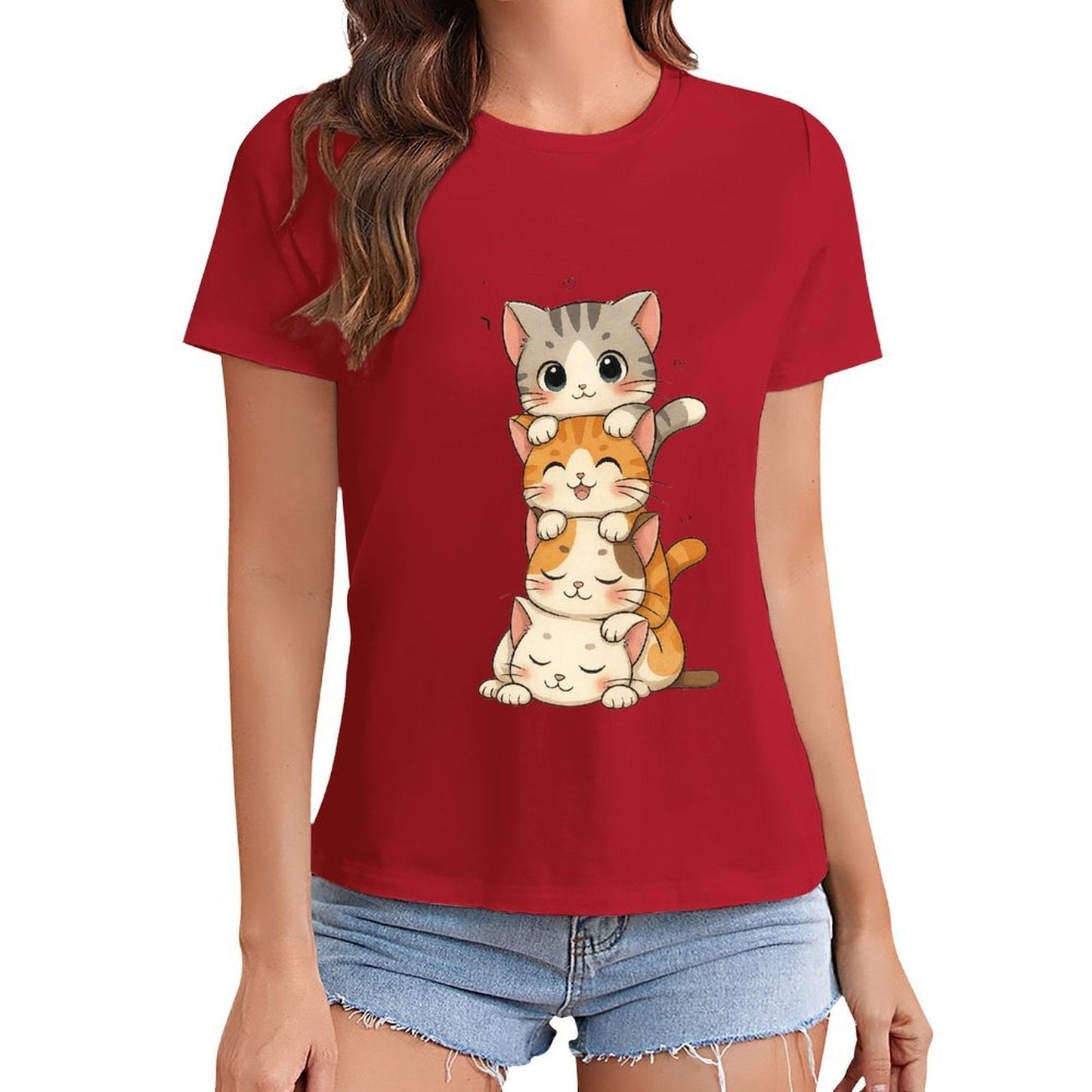 Gildan T-shirt Women Stacked Adorable Sleeping Cats - U1 Spring and Summer Round Neck Short - sleeved Tops Women's Casual Sports T-shirt - TrendyLookz