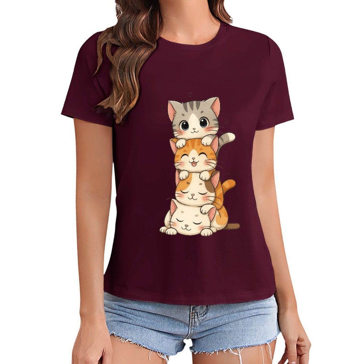 Gildan T-shirt Women Stacked Adorable Sleeping Cats - U1 Spring and Summer Round Neck Short - sleeved Tops Women's Casual Sports T-shirt - TrendyLookz