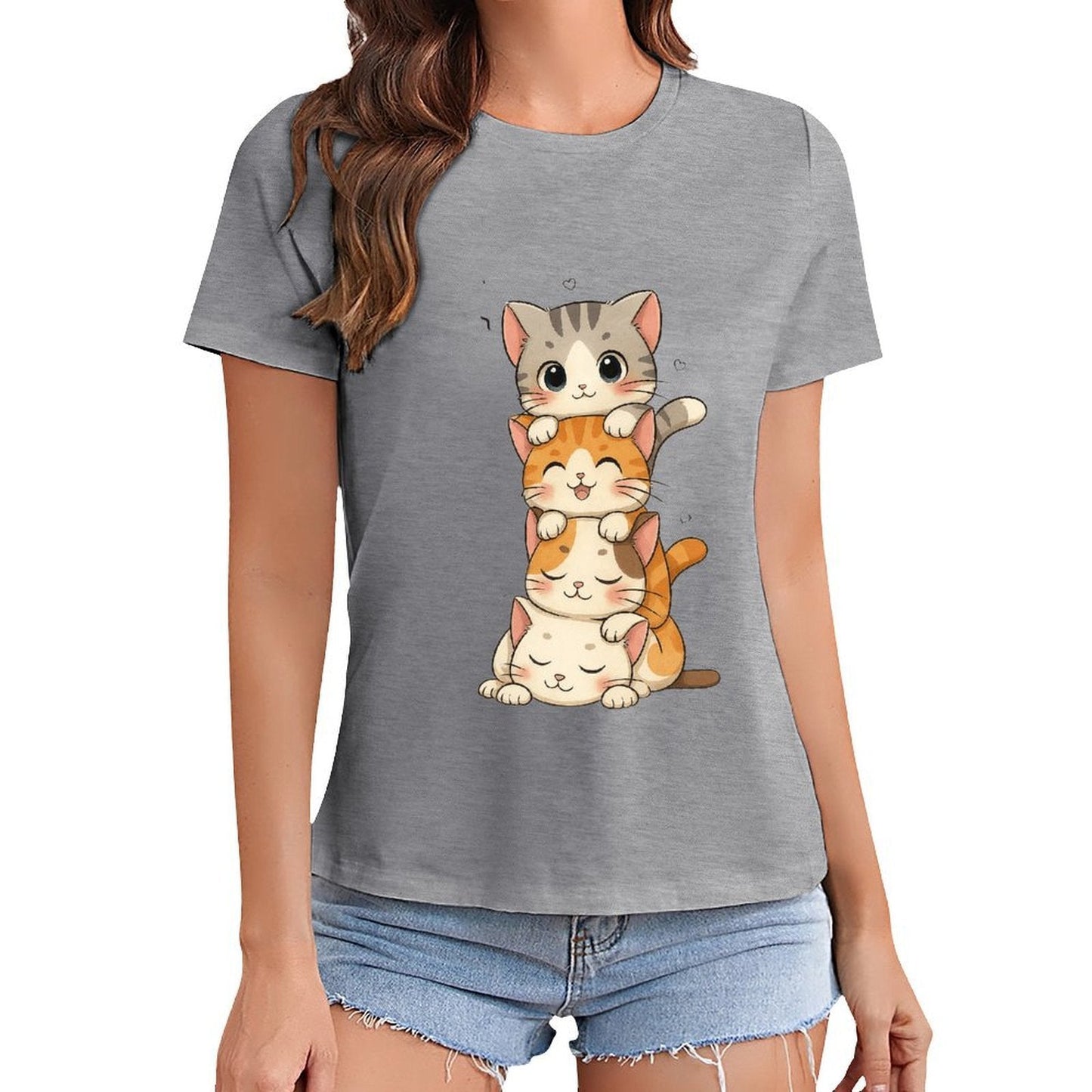 Gildan T-shirt Women Stacked Adorable Sleeping Cats - U1 Spring and Summer Round Neck Short - sleeved Tops Women's Casual Sports T-shirt - TrendyLookz