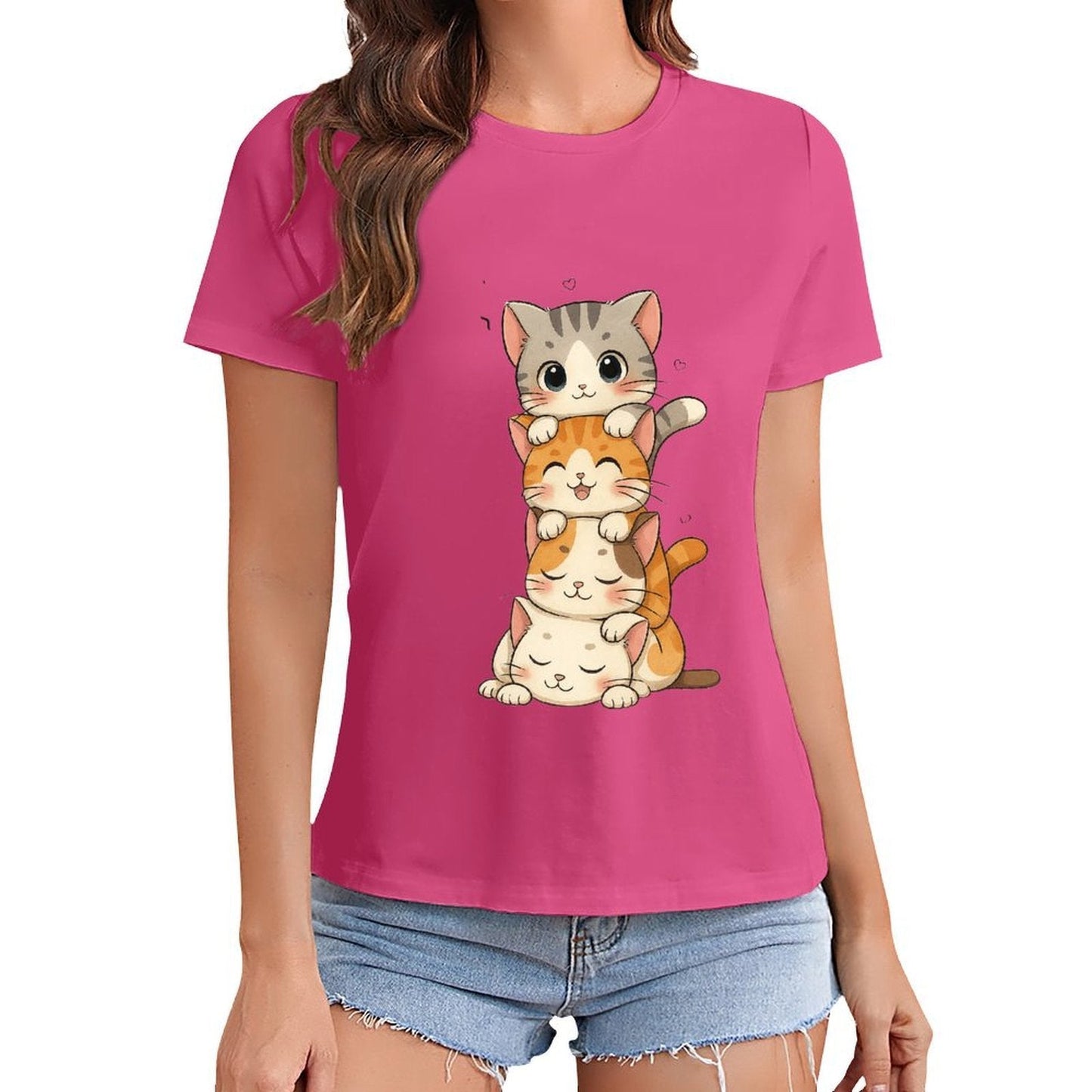 Gildan T-shirt Women Stacked Adorable Sleeping Cats - U1 Spring and Summer Round Neck Short - sleeved Tops Women's Casual Sports T-shirt - TrendyLookz