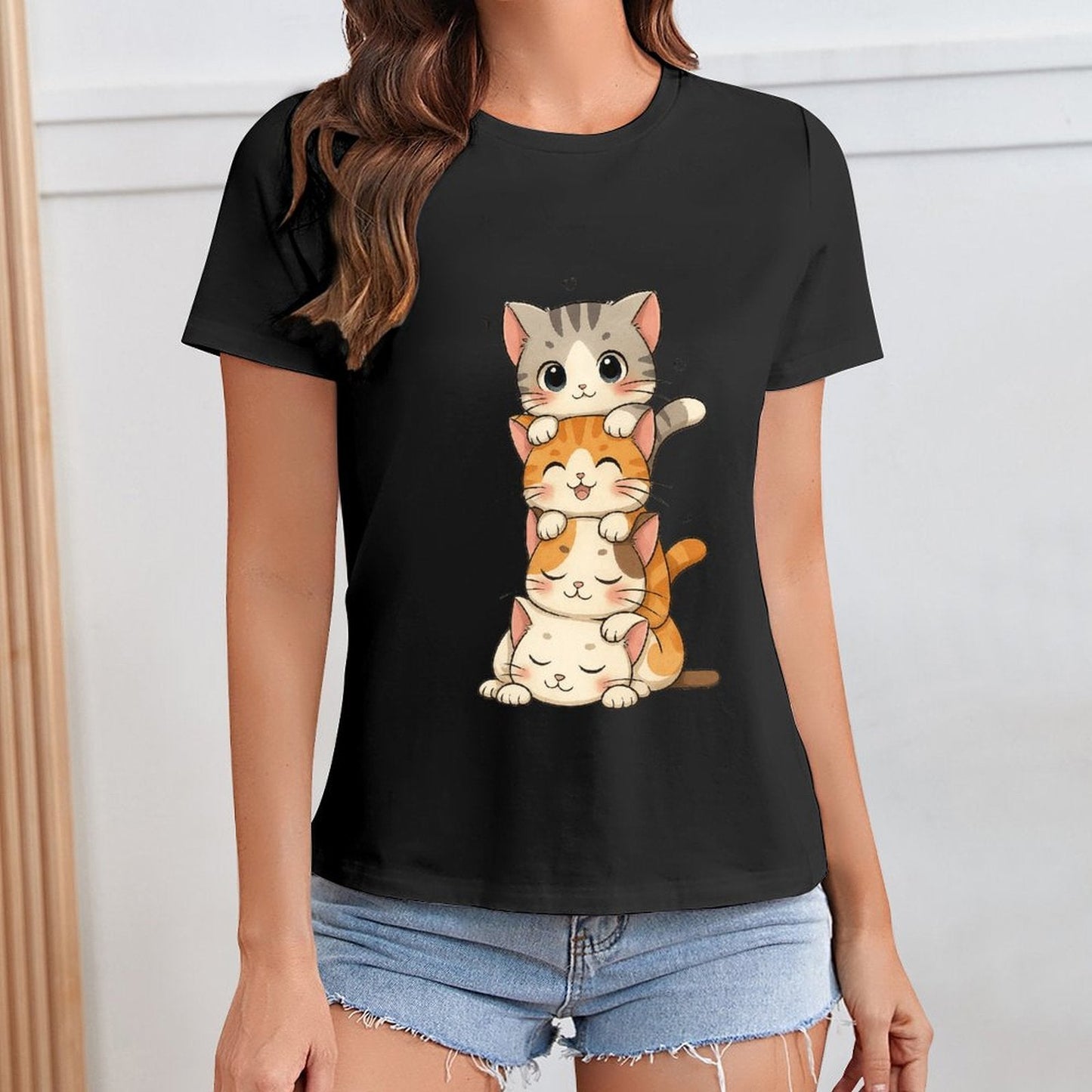 Gildan T-shirt Women Stacked Adorable Sleeping Cats - U1 Spring and Summer Round Neck Short - sleeved Tops Women's Casual Sports T-shirt - TrendyLookz
