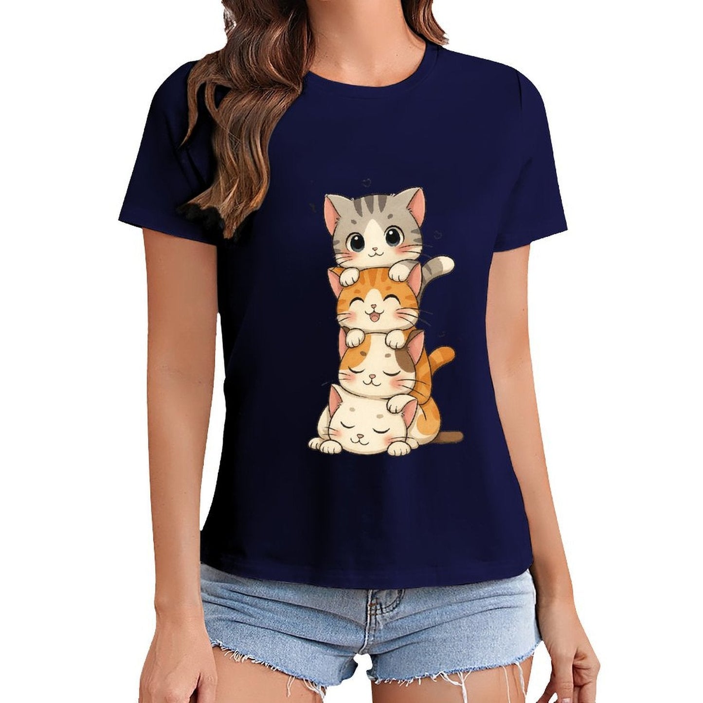 Gildan T-shirt Women Stacked Adorable Sleeping Cats - U1 Spring and Summer Round Neck Short - sleeved Tops Women's Casual Sports T-shirt - TrendyLookz