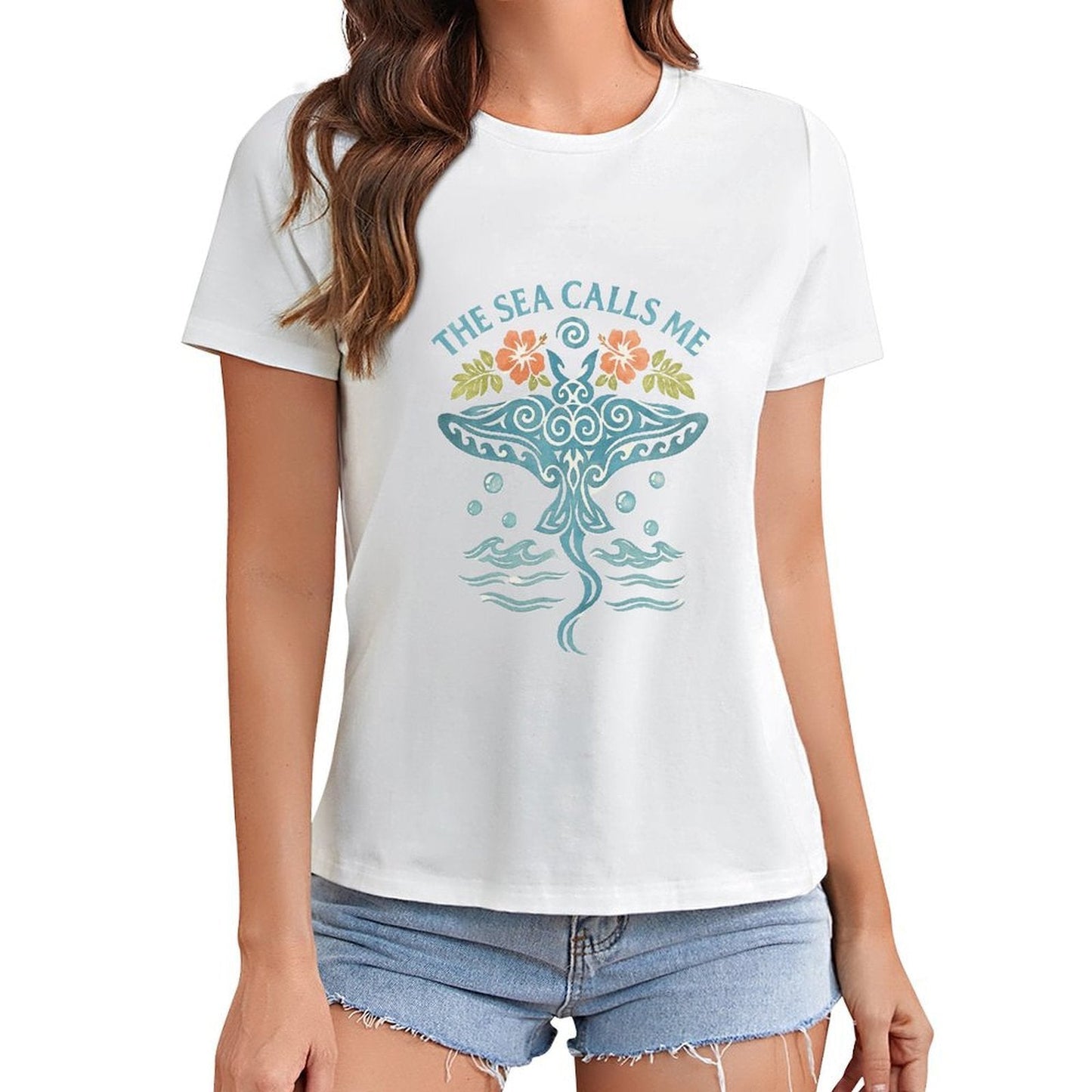 Gildan T-shirt Women The Sea Calls Me - U1 Spring and Summer Round Neck Short - sleeved Tops Women's Casual Sports T-shirt - TrendyLookz