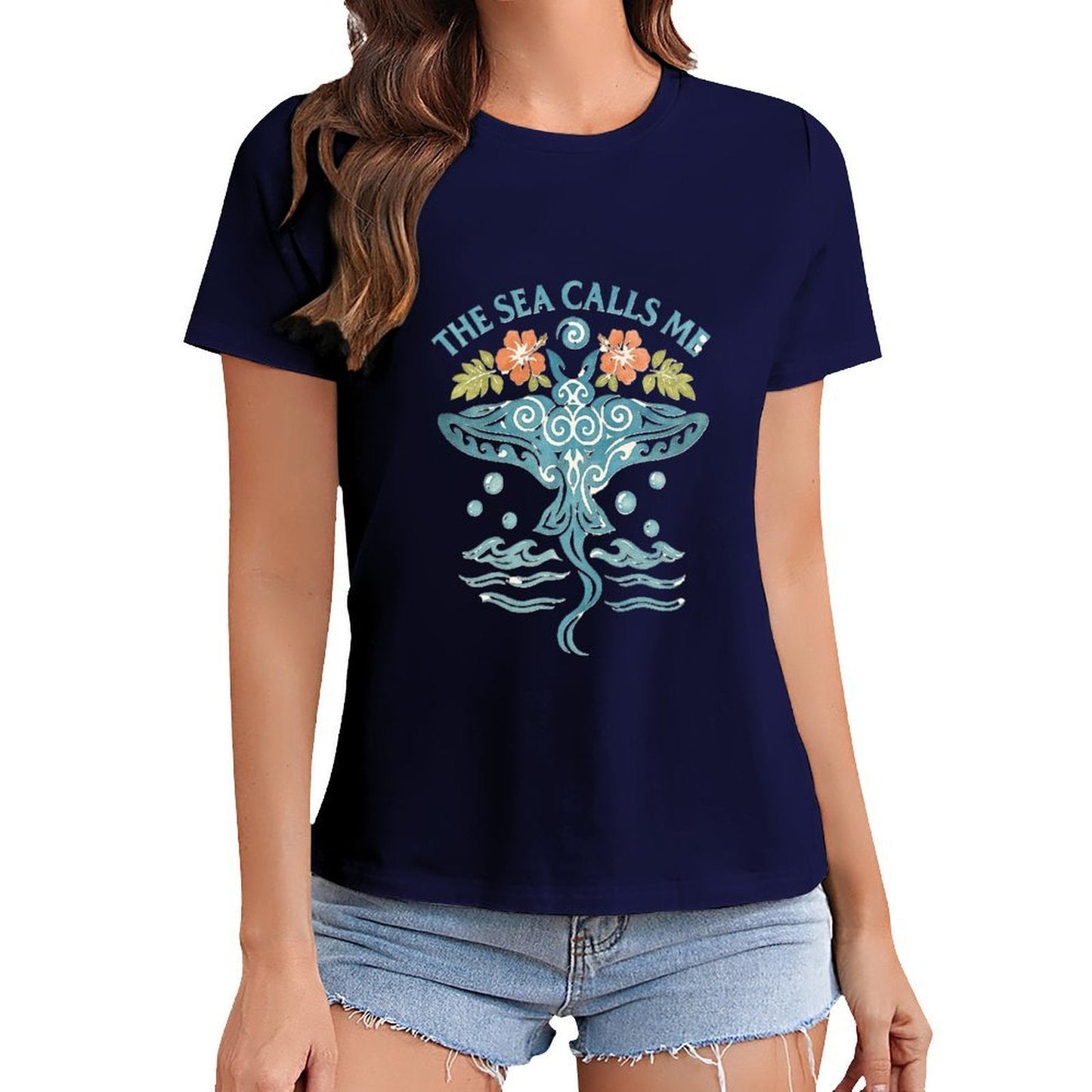 Gildan T-shirt Women The Sea Calls Me - U1 Spring and Summer Round Neck Short - sleeved Tops Women's Casual Sports T-shirt - TrendyLookz