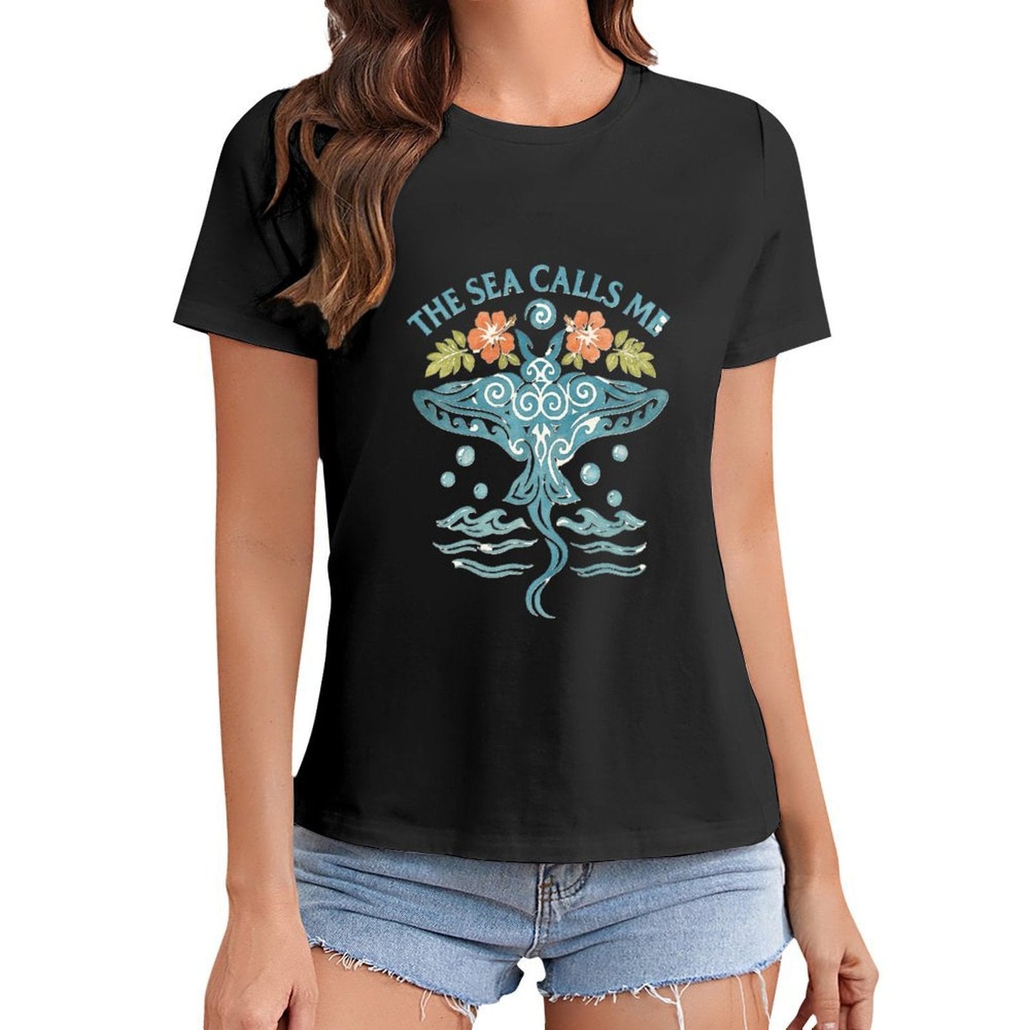 Gildan T-shirt Women The Sea Calls Me - U1 Spring and Summer Round Neck Short - sleeved Tops Women's Casual Sports T-shirt - TrendyLookz