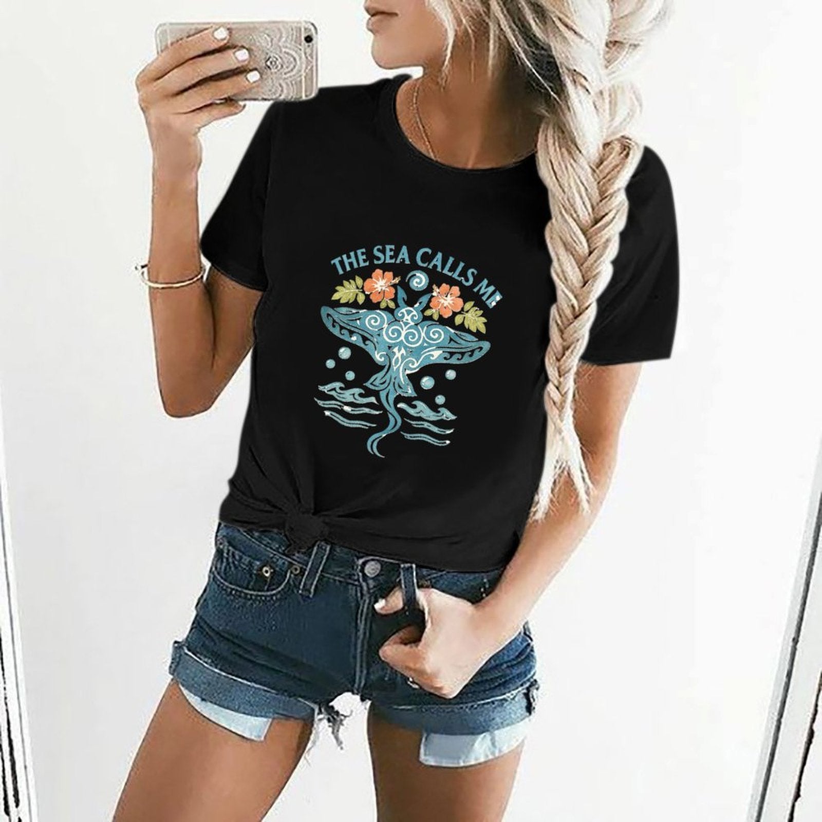 Gildan T-shirt Women The Sea Calls Me - U1 Spring and Summer Round Neck Short - sleeved Tops Women's Casual Sports T-shirt - TrendyLookz
