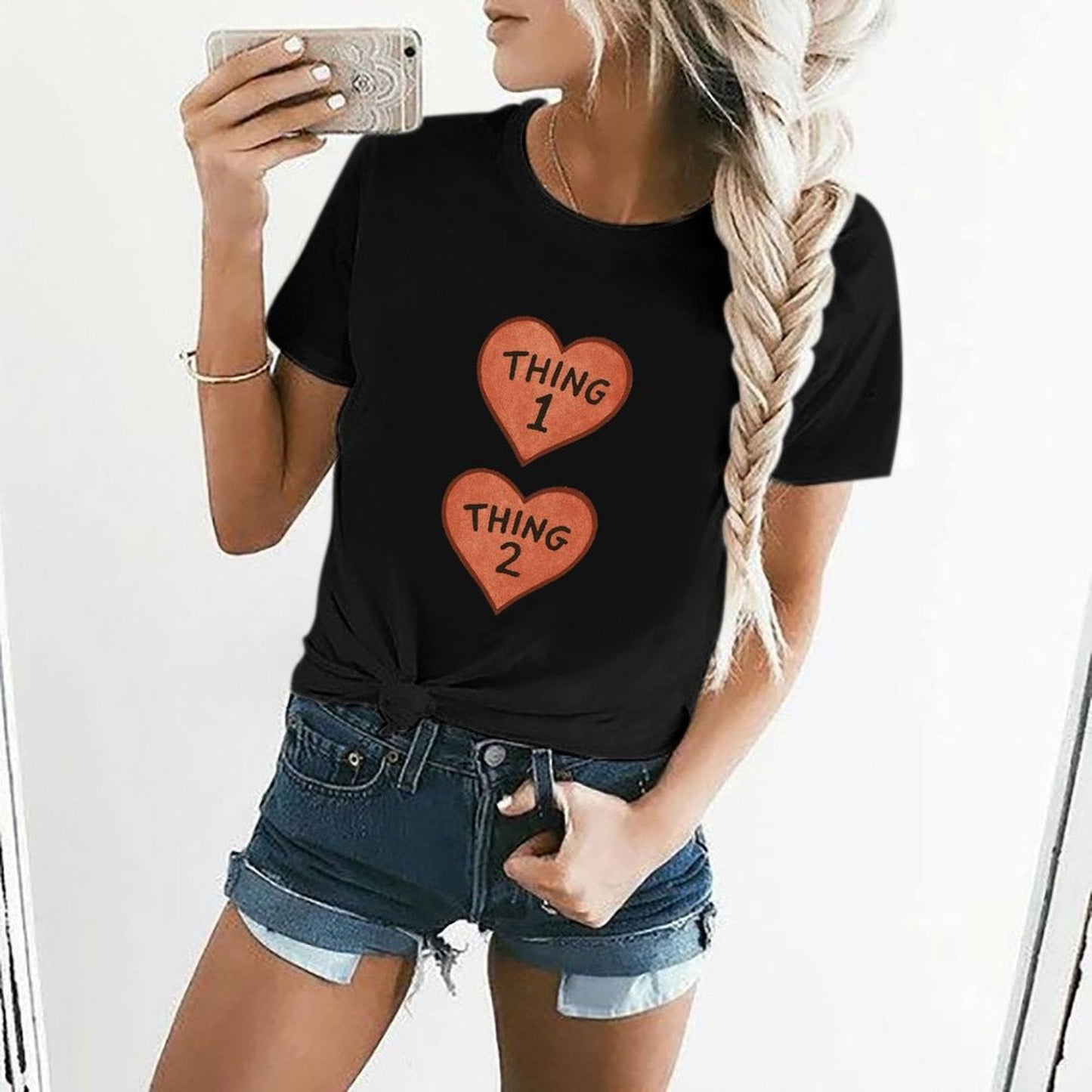 Gildan T-shirt Women Thing 1 And Thing 2 Hearts - U1 Spring and Summer Round Neck Short - sleeved Tops Women's Casual Sports T-shirt - TrendyLookz
