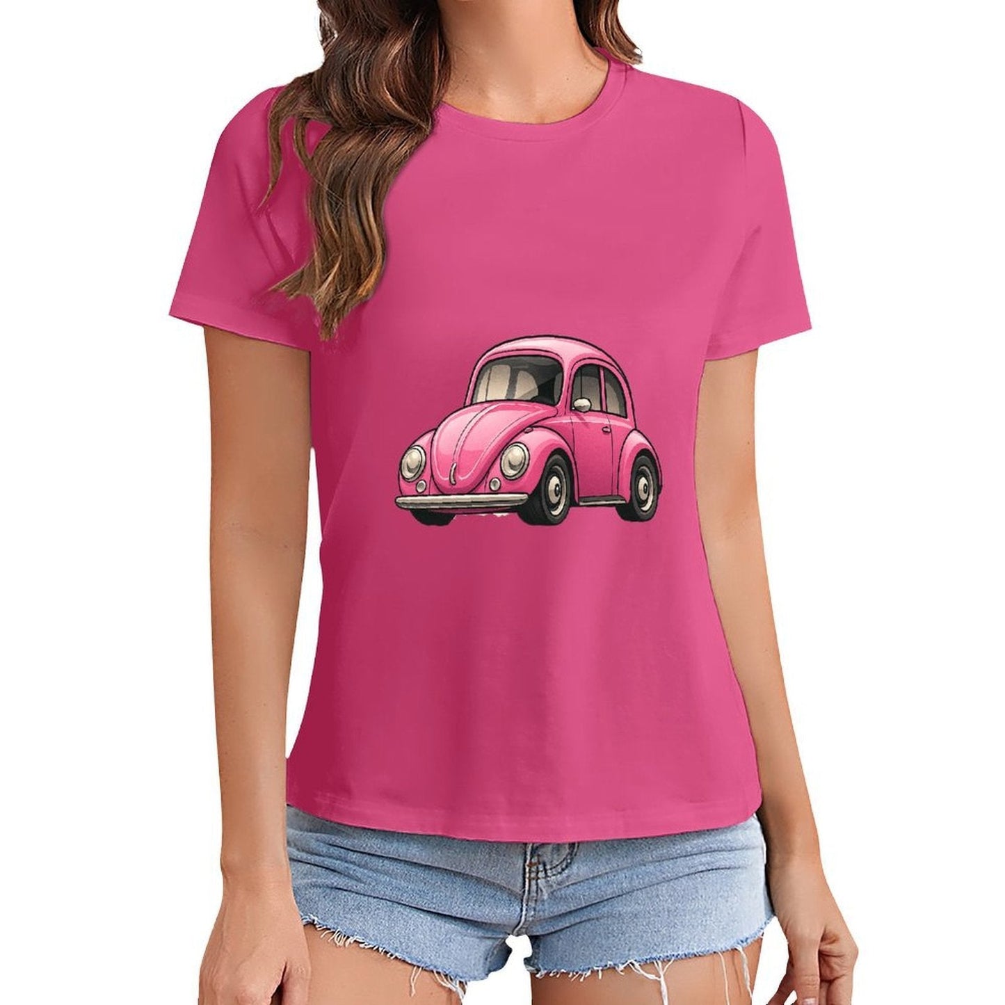 Gildan T-shirt Women Vintage Pink Beetle Illustration Spring and Summer Round Neck Short - sleeved Tops Women's Casual Sports T-shirt - TrendyLookz