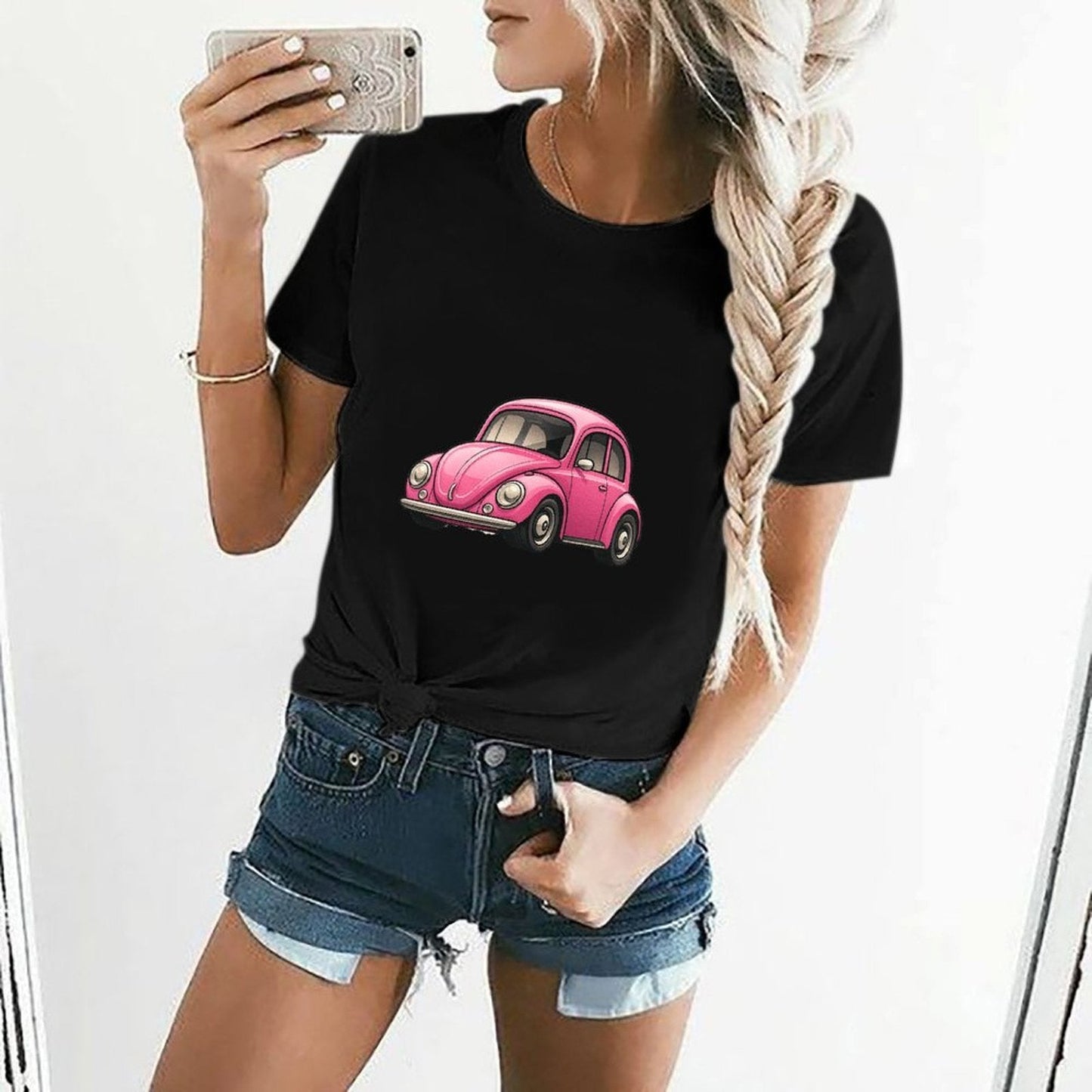 Gildan T-shirt Women Vintage Pink Beetle Illustration Spring and Summer Round Neck Short - sleeved Tops Women's Casual Sports T-shirt - TrendyLookz