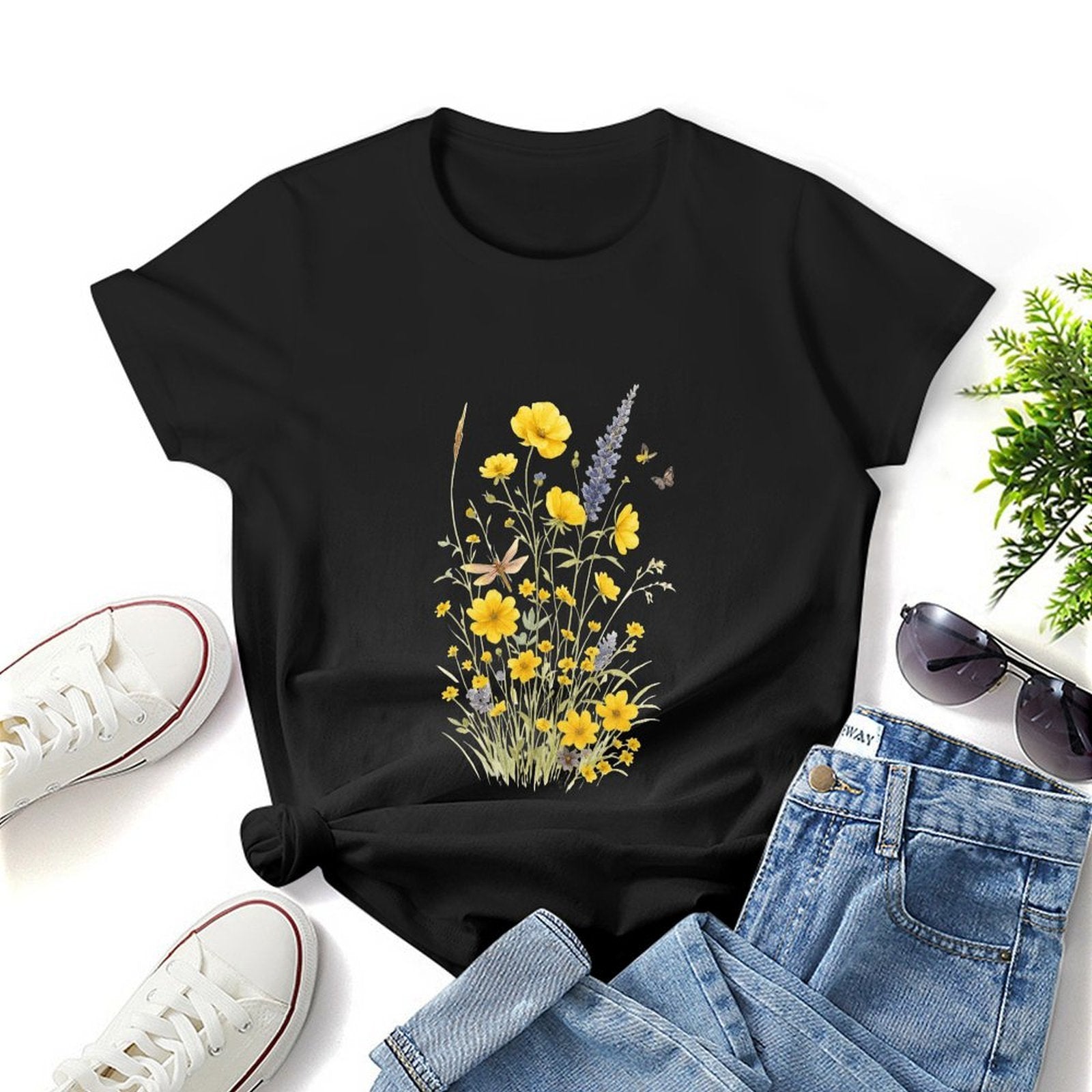 Gildan T-shirt Women Wildflowers And Butterflies Harmony - U1 Spring and Summer Round Neck Short - sleeved Tops Women's Casual Sports T-shirt - TrendyLookz