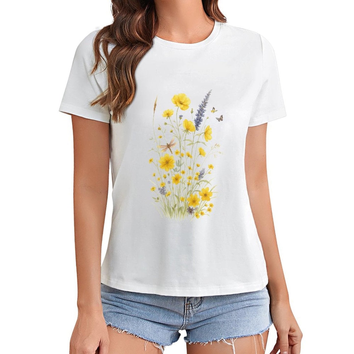 Gildan T-shirt Women Wildflowers And Butterflies Harmony - U1 Spring and Summer Round Neck Short - sleeved Tops Women's Casual Sports T-shirt - TrendyLookz