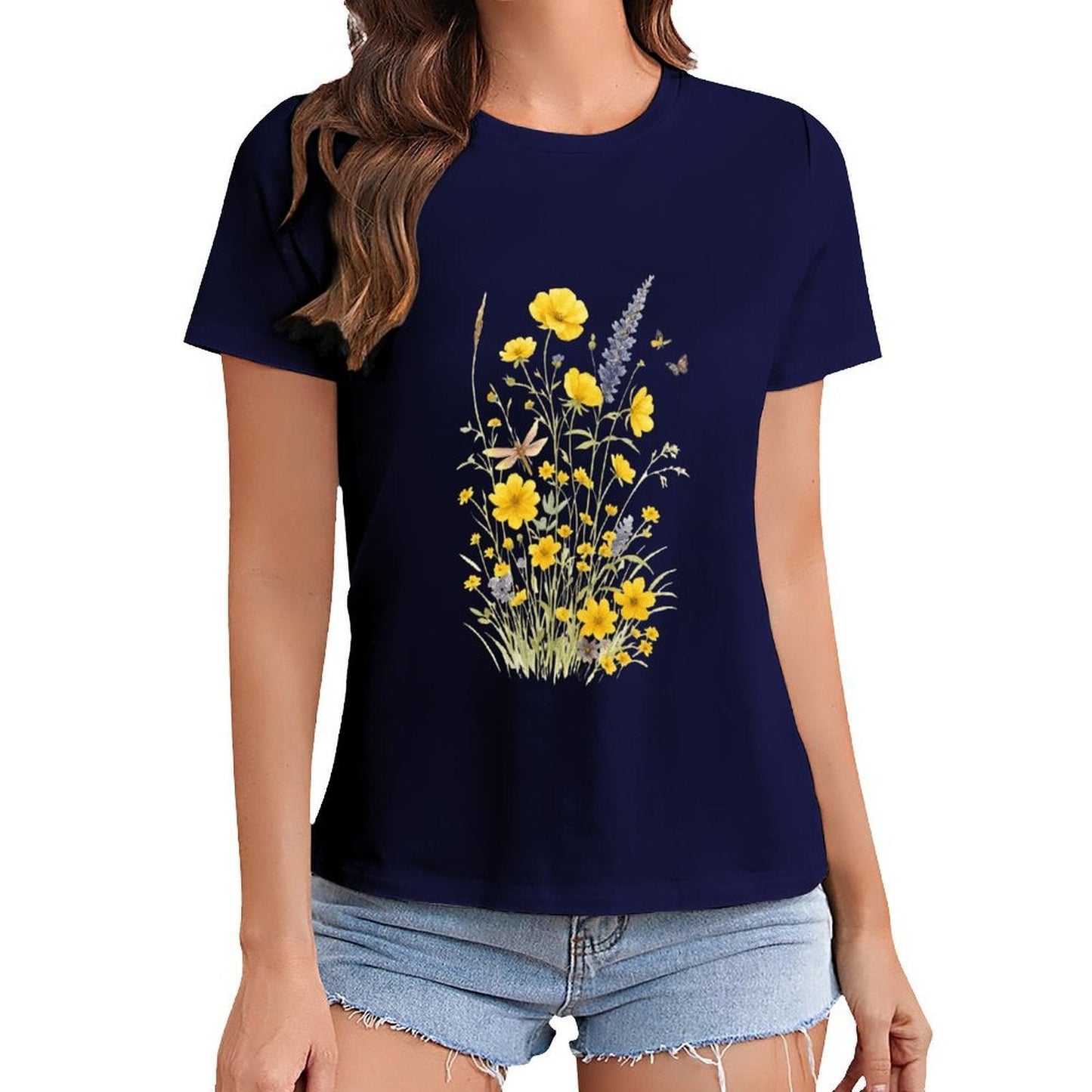 Gildan T-shirt Women Wildflowers And Butterflies Harmony - U1 Spring and Summer Round Neck Short - sleeved Tops Women's Casual Sports T-shirt - TrendyLookz