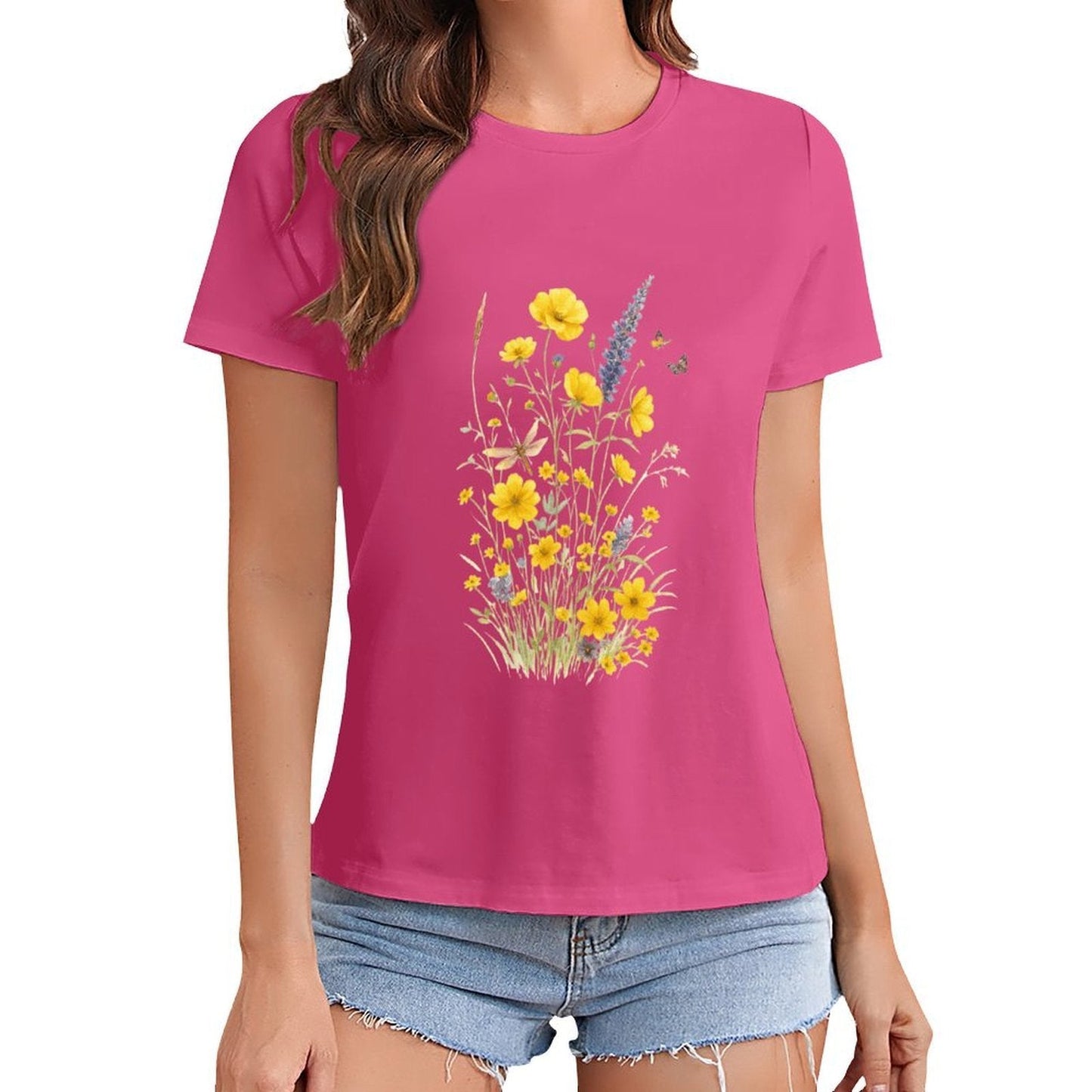 Gildan T-shirt Women Wildflowers And Butterflies Harmony - U1 Spring and Summer Round Neck Short - sleeved Tops Women's Casual Sports T-shirt - TrendyLookz