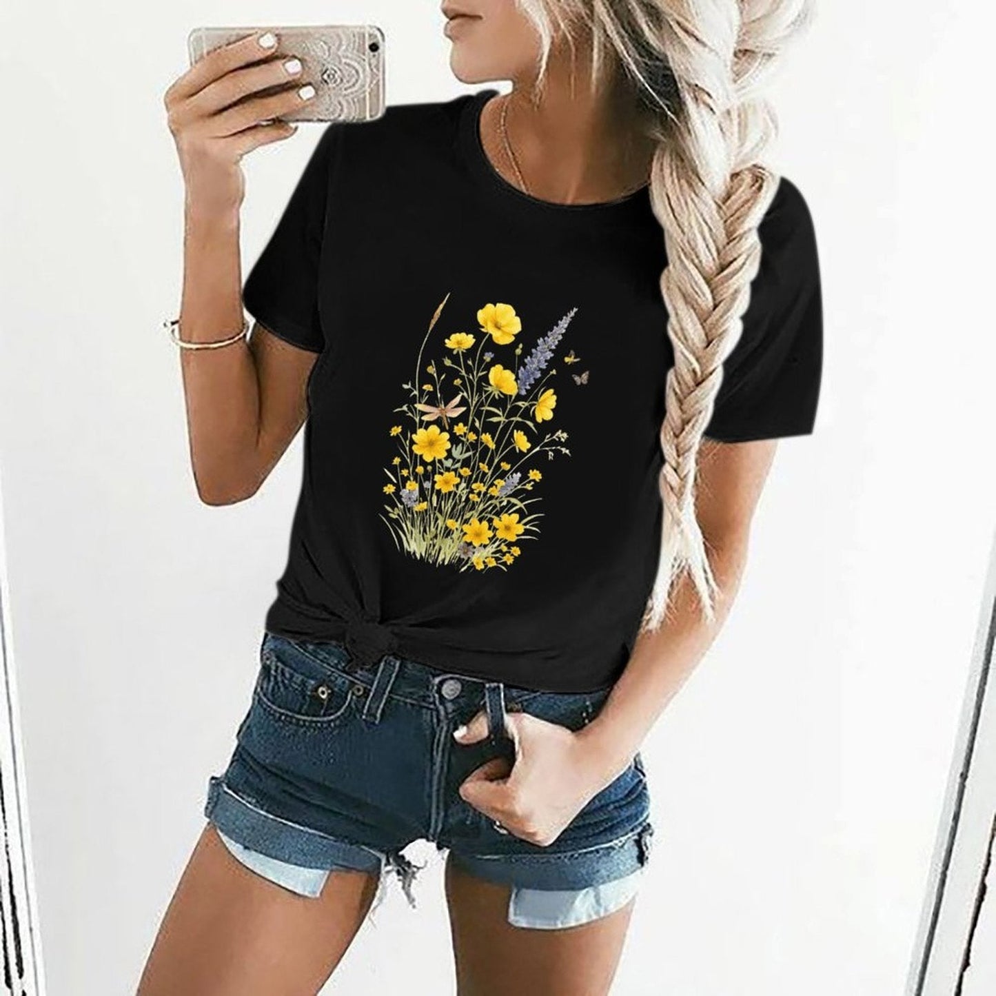 Gildan T-shirt Women Wildflowers And Butterflies Harmony - U1 Spring and Summer Round Neck Short - sleeved Tops Women's Casual Sports T-shirt - TrendyLookz