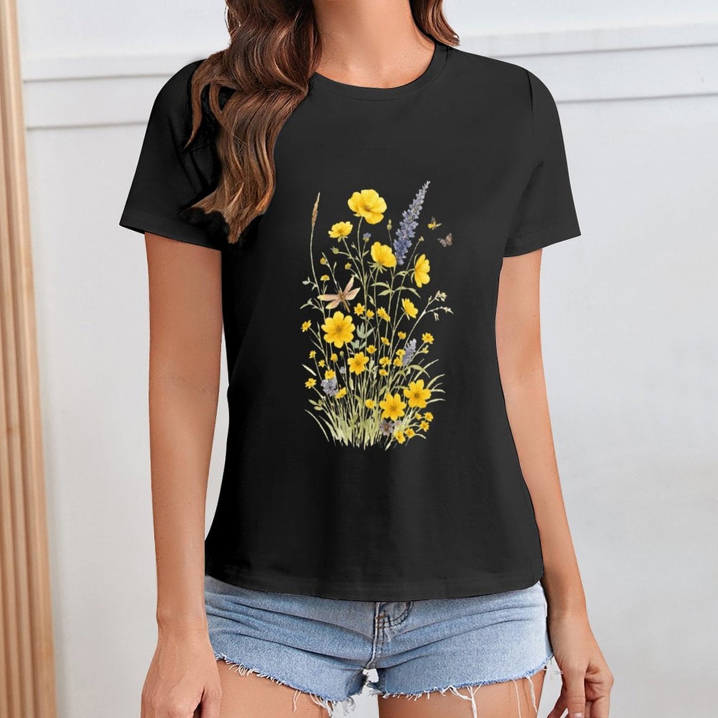 Gildan T-shirt Women Wildflowers And Butterflies Harmony - U1 Spring and Summer Round Neck Short - sleeved Tops Women's Casual Sports T-shirt - TrendyLookz