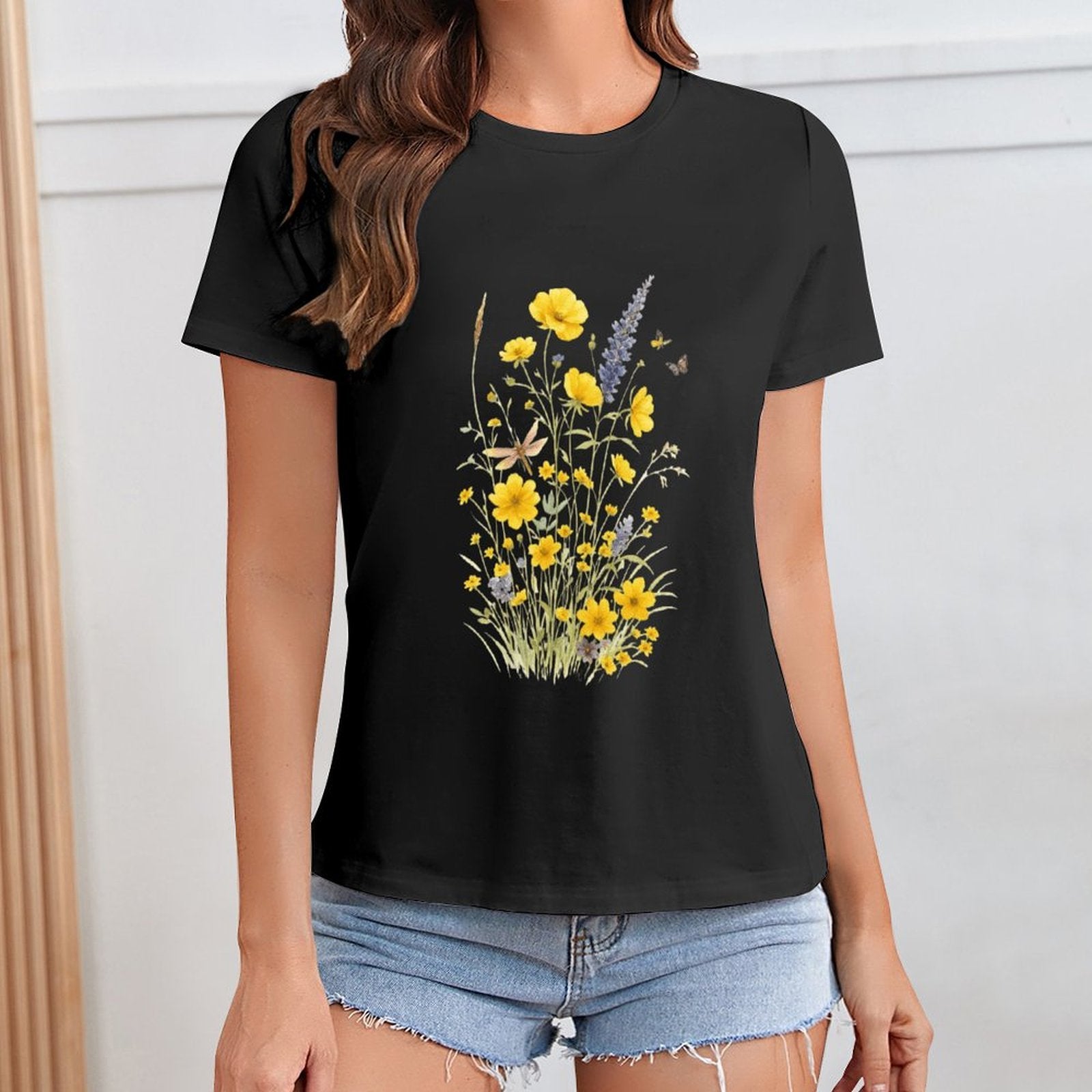 Gildan T-shirt Women Wildflowers And Butterflies Harmony - U1 Spring and Summer Round Neck Short - sleeved Tops Women's Casual Sports T-shirt - TrendyLookz