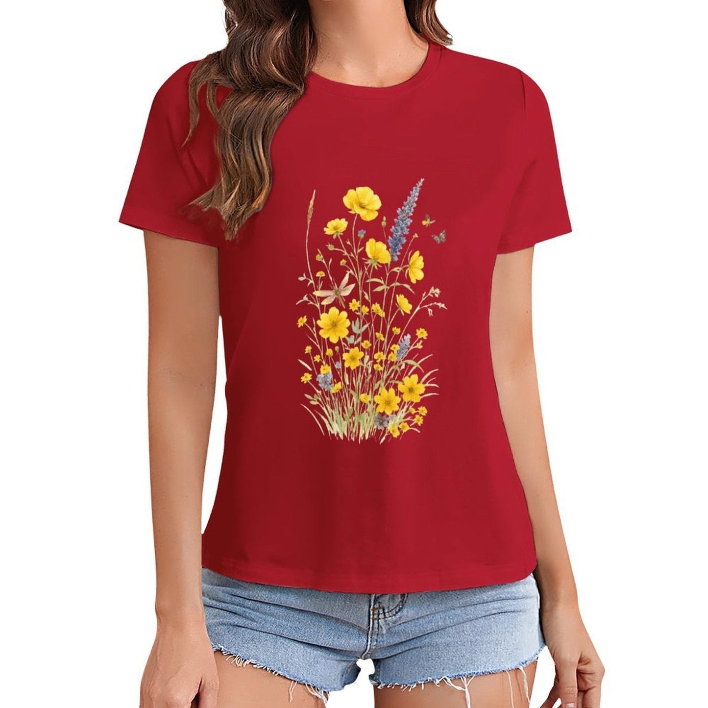 Gildan T-shirt Women Wildflowers And Butterflies Harmony - U1 Spring and Summer Round Neck Short - sleeved Tops Women's Casual Sports T-shirt - TrendyLookz