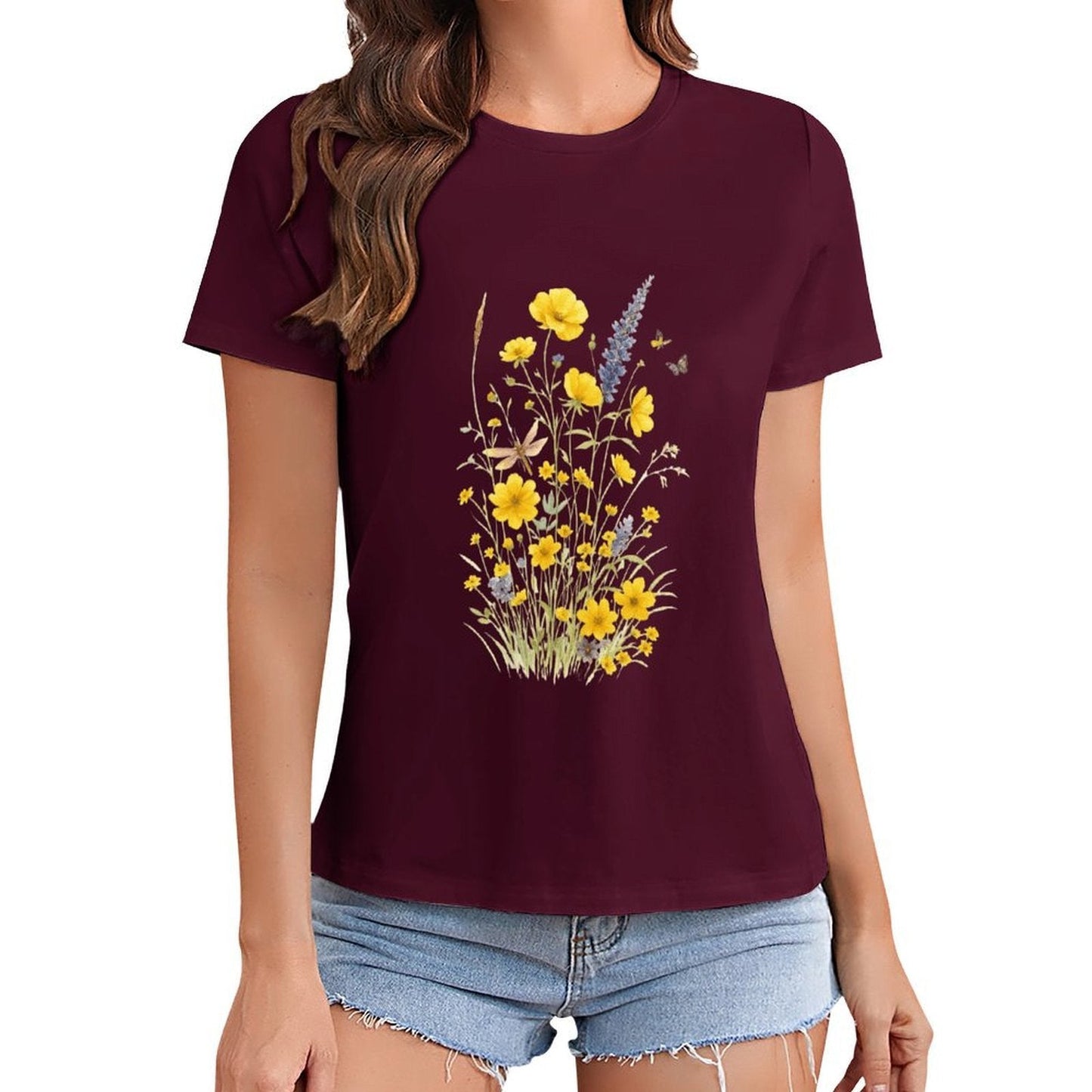 Gildan T-shirt Women Wildflowers And Butterflies Harmony - U1 Spring and Summer Round Neck Short - sleeved Tops Women's Casual Sports T-shirt - TrendyLookz