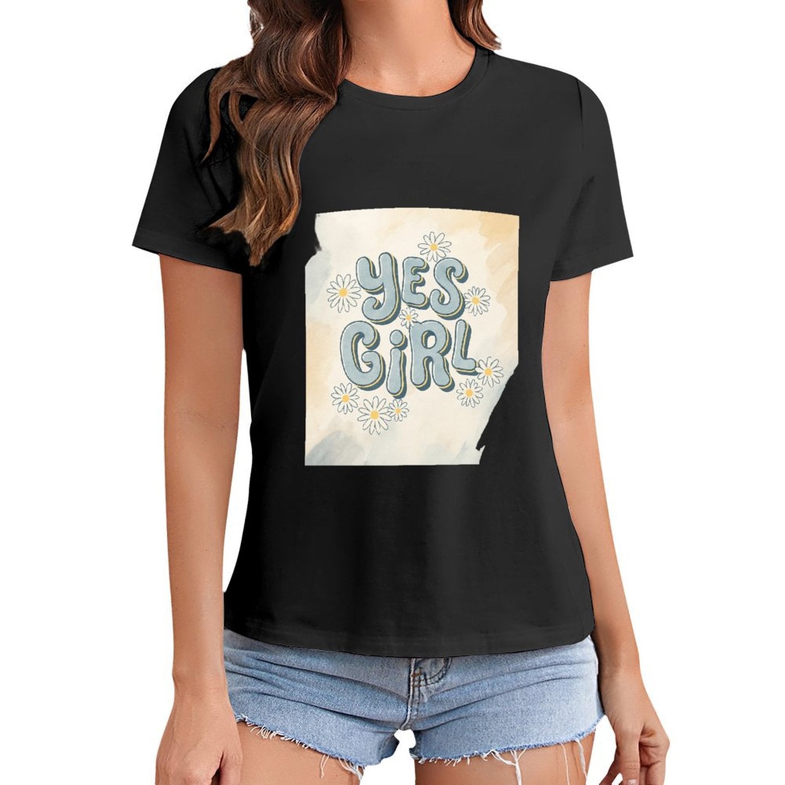 Gildan T-shirt Women Yes Girl Floral Affirmation - U1 Spring and Summer Round Neck Short - sleeved Tops Women's Casual Sports T-shirt - TrendyLookz