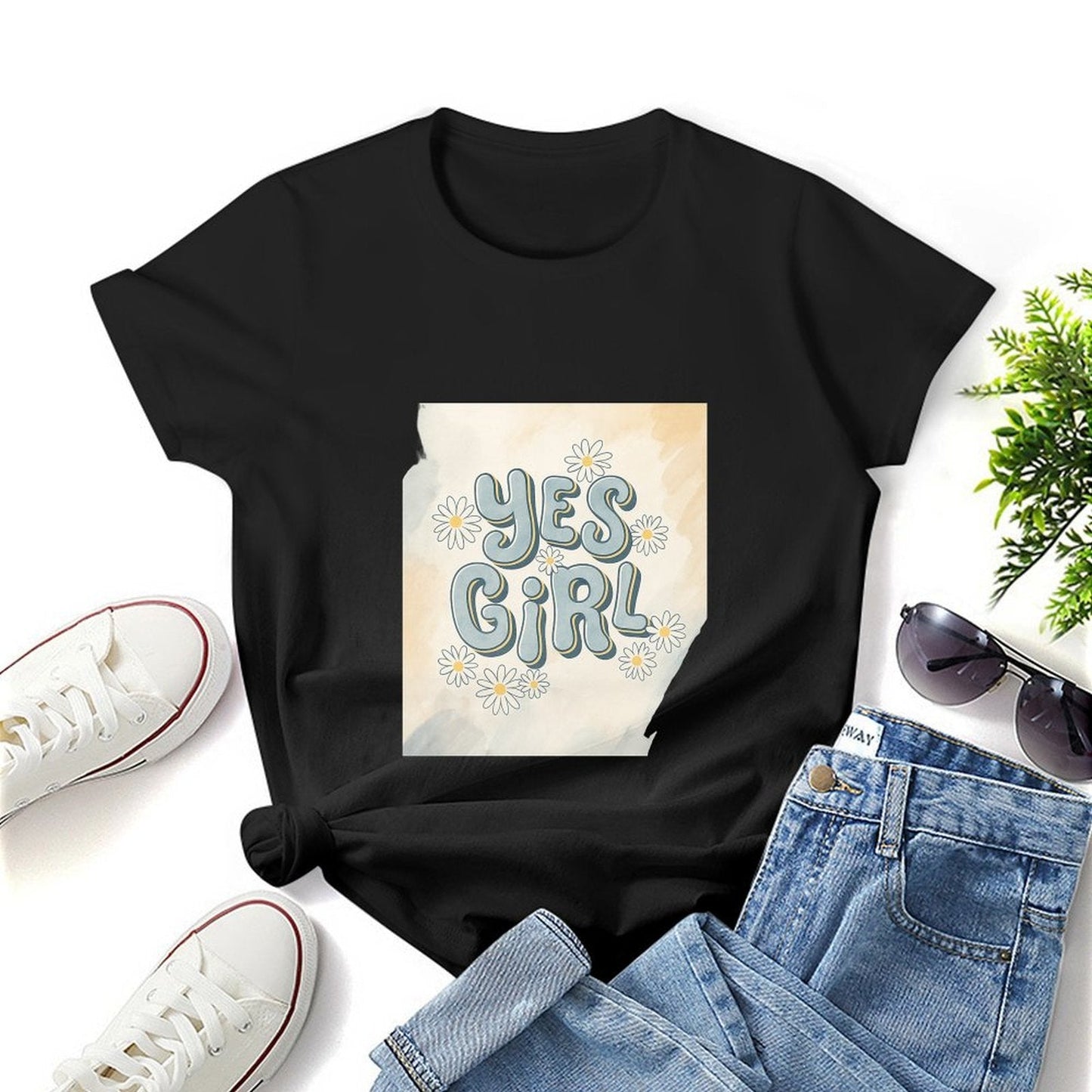 Gildan T-shirt Women Yes Girl Floral Affirmation - U1 Spring and Summer Round Neck Short - sleeved Tops Women's Casual Sports T-shirt - TrendyLookz