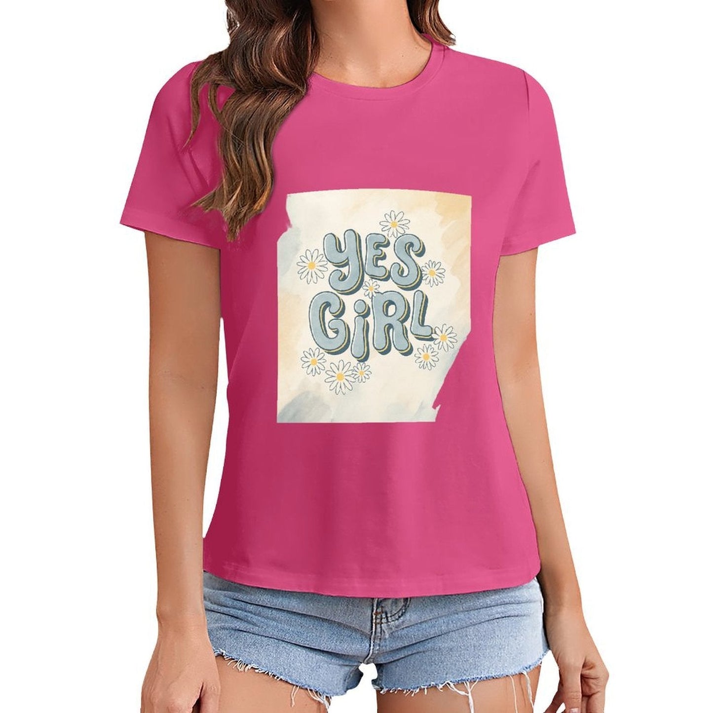 Gildan T-shirt Women Yes Girl Floral Affirmation - U1 Spring and Summer Round Neck Short - sleeved Tops Women's Casual Sports T-shirt - TrendyLookz