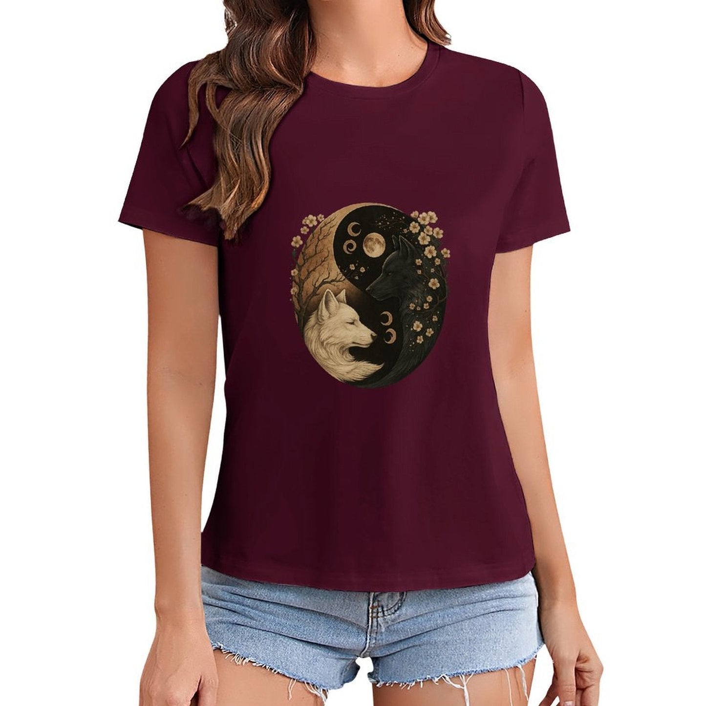 Gildan T-shirt Women Yin Yang Wolves Harmony Spring and Summer Round Neck Short - sleeved Tops Women's Casual Sports T-shirt - TrendyLookz