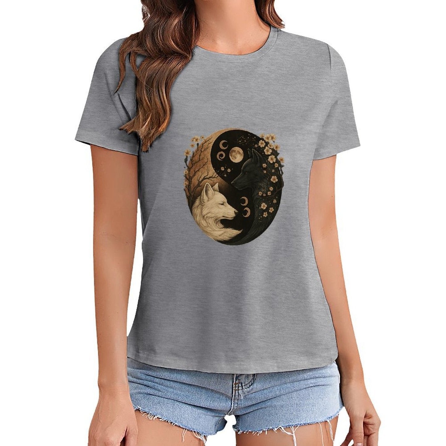 Gildan T-shirt Women Yin Yang Wolves Harmony Spring and Summer Round Neck Short - sleeved Tops Women's Casual Sports T-shirt - TrendyLookz