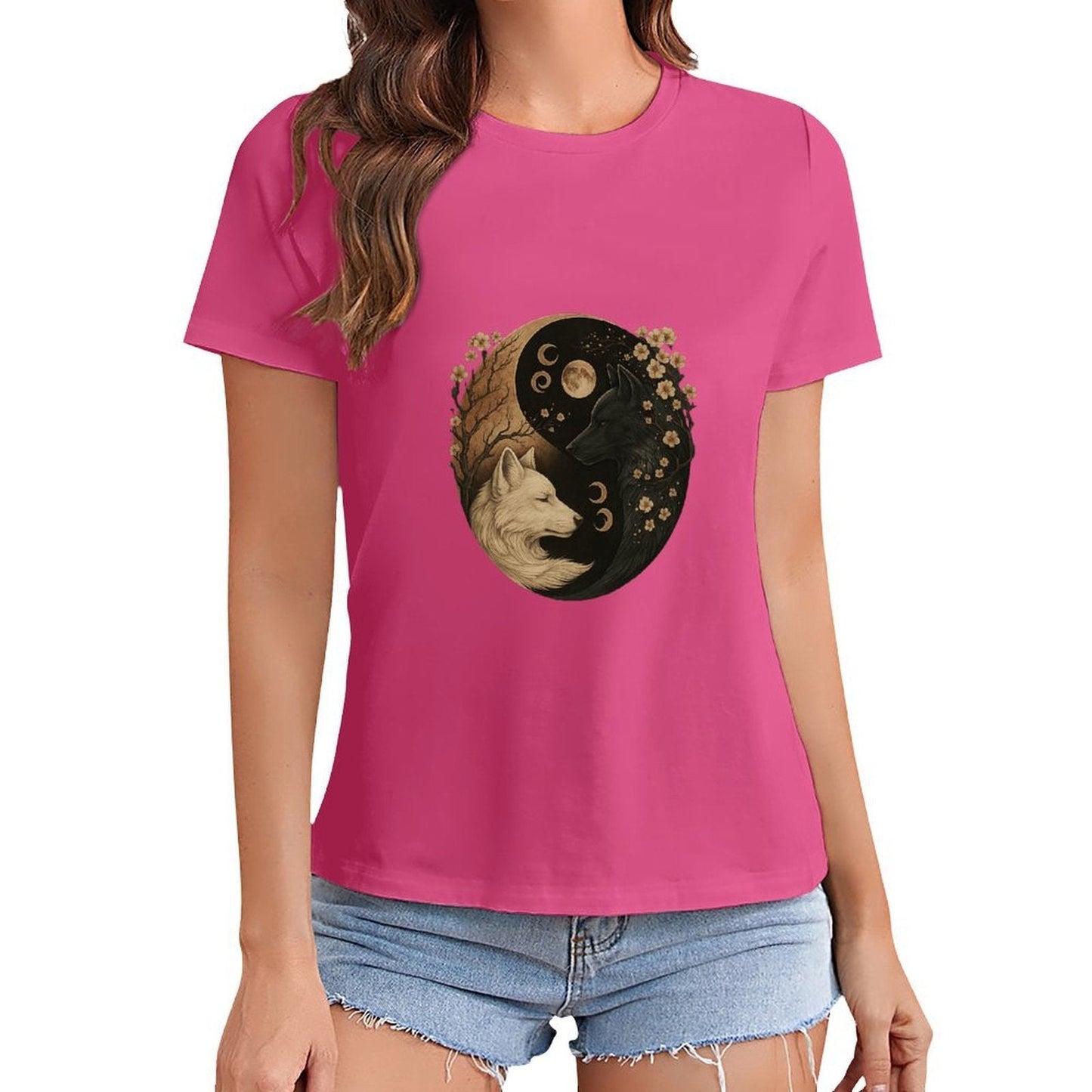 Gildan T-shirt Women Yin Yang Wolves Harmony Spring and Summer Round Neck Short - sleeved Tops Women's Casual Sports T-shirt - TrendyLookz