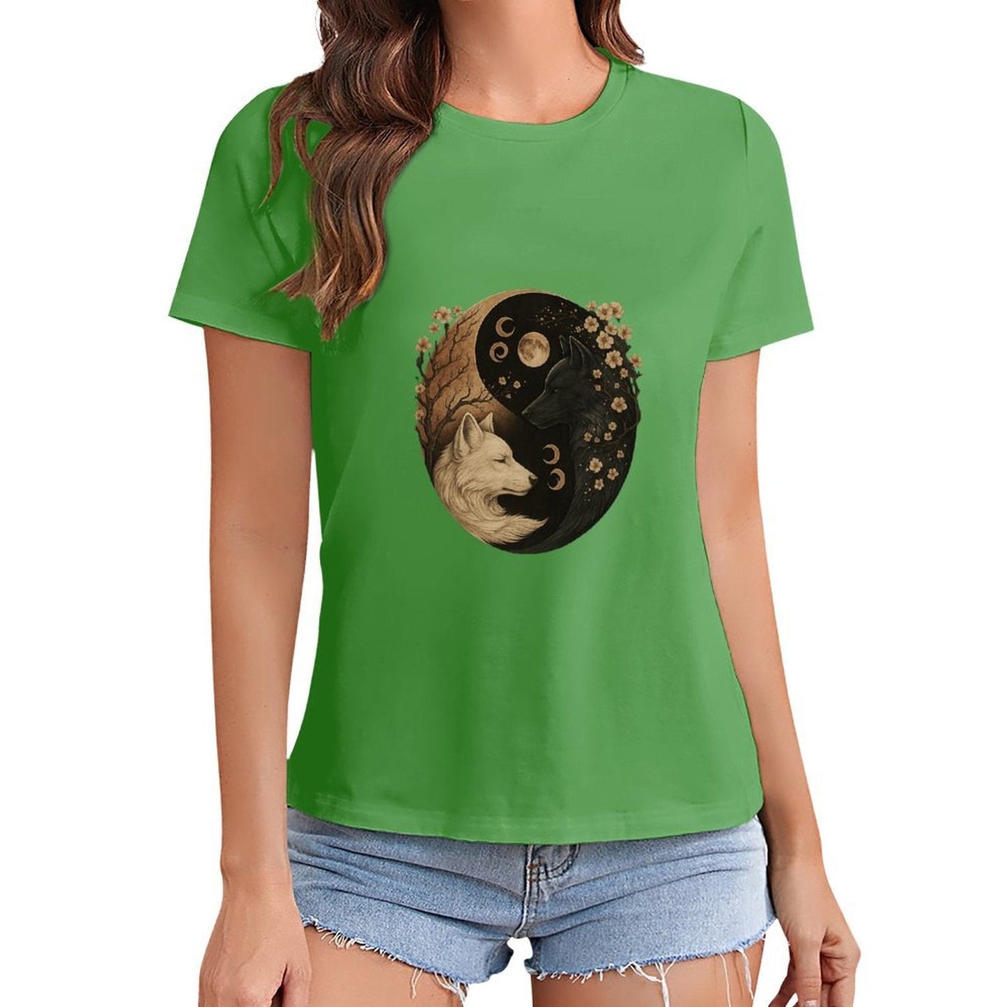 Gildan T-shirt Women Yin Yang Wolves Harmony Spring and Summer Round Neck Short - sleeved Tops Women's Casual Sports T-shirt - TrendyLookz