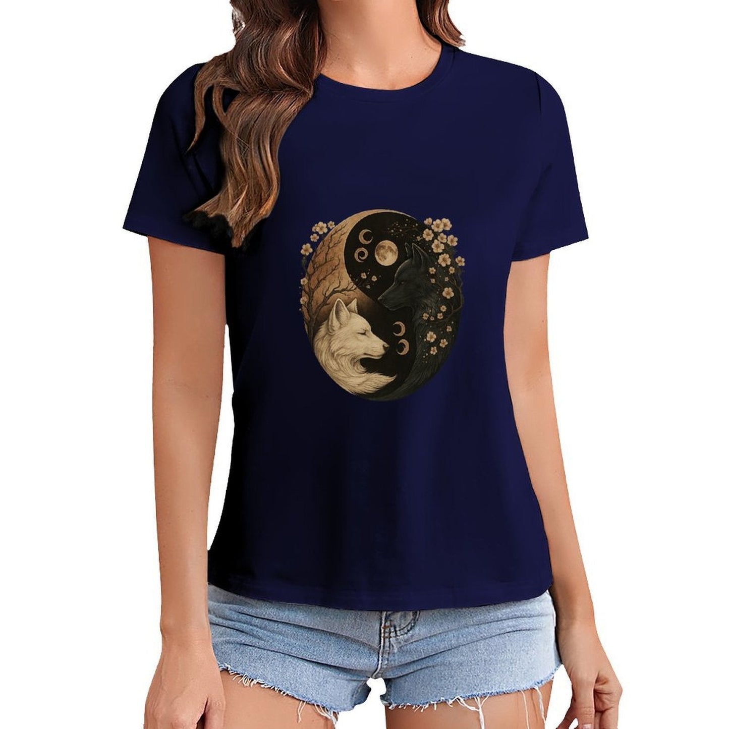 Gildan T-shirt Women Yin Yang Wolves Harmony Spring and Summer Round Neck Short - sleeved Tops Women's Casual Sports T-shirt - TrendyLookz