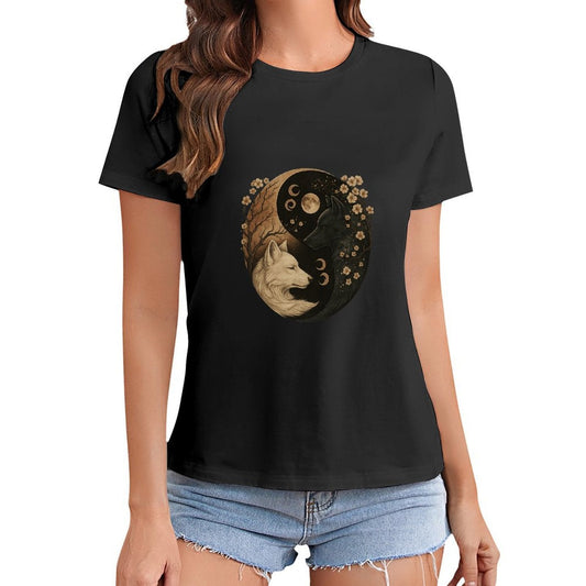 Gildan T-shirt Women Yin Yang Wolves Harmony Spring and Summer Round Neck Short - sleeved Tops Women's Casual Sports T-shirt - TrendyLookz