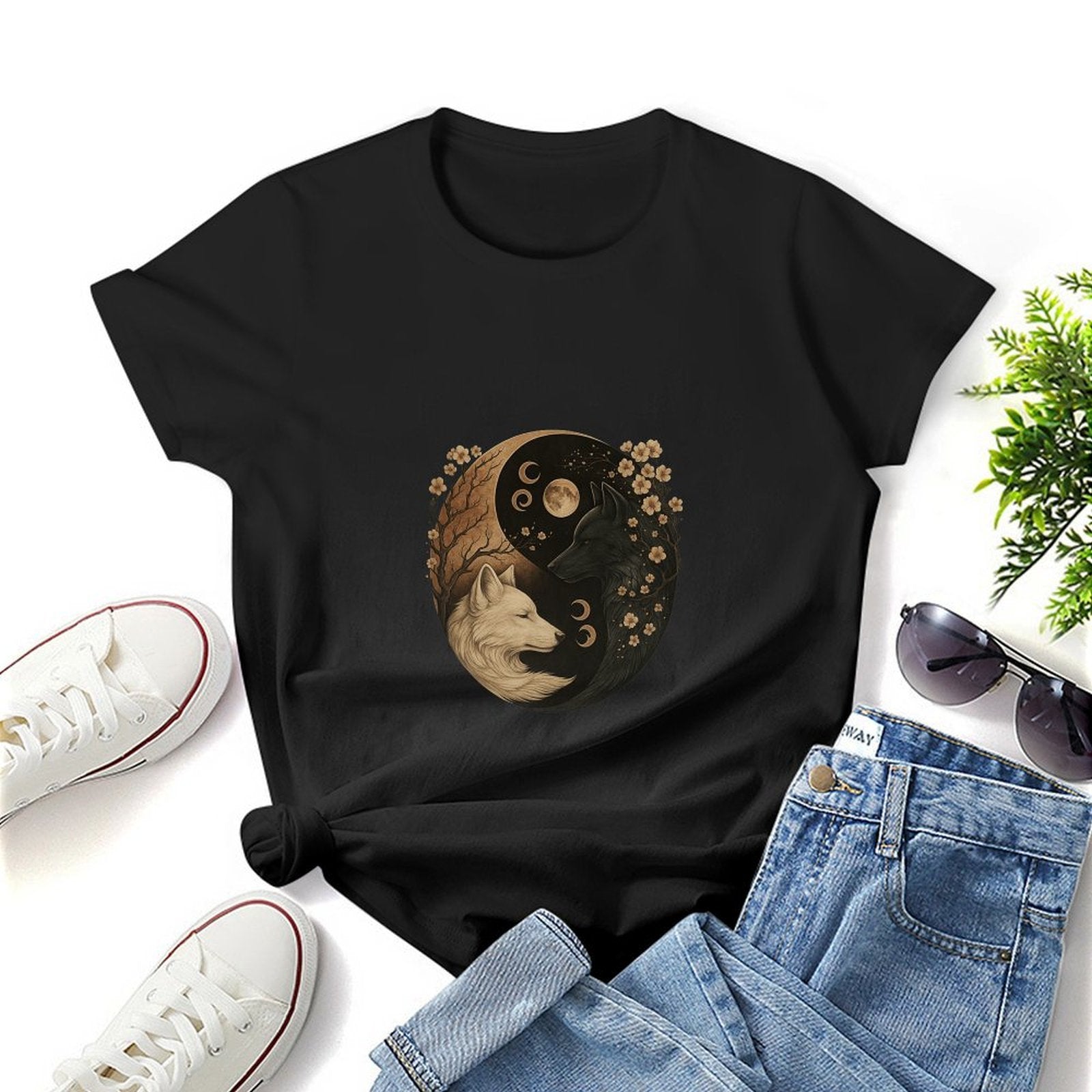 Gildan T-shirt Women Yin Yang Wolves Harmony Spring and Summer Round Neck Short - sleeved Tops Women's Casual Sports T-shirt - TrendyLookz