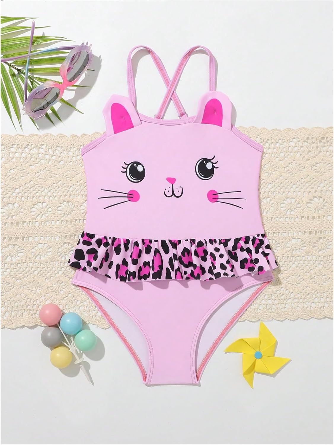 Girl's Cartoon One Piece Swimsuit Ruffle Trim Backless Sleeveless Criss Cross Swimwear Cute Bathing Suit - TrendyLookz