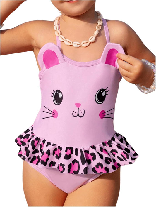 Girl's Cartoon One Piece Swimsuit Ruffle Trim Backless Sleeveless Criss Cross Swimwear Cute Bathing Suit - TrendyLookz