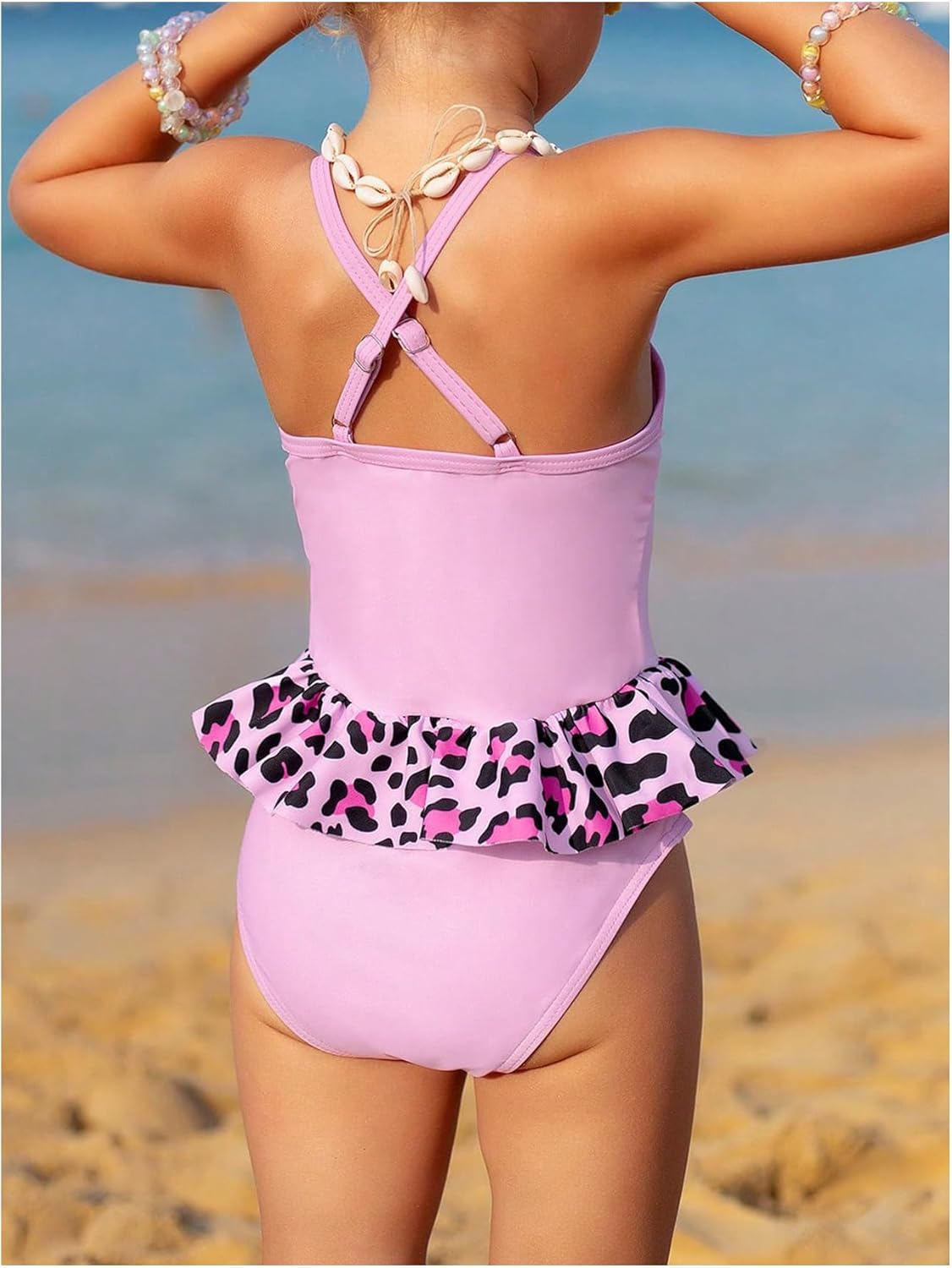 Girl's Cartoon One Piece Swimsuit Ruffle Trim Backless Sleeveless Criss Cross Swimwear Cute Bathing Suit - TrendyLookz