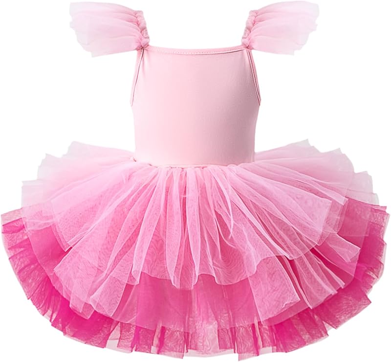 Girls Dance Tutu Dresses Ruffle Sleeve Snap Crotch Ballet Leotards - TrendyLookz