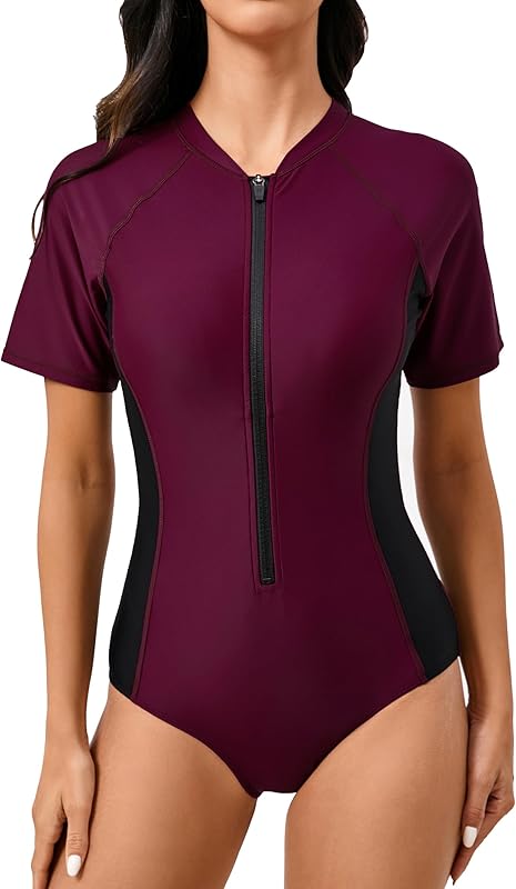 Halcurt Women's Short Sleeve One Piece Rash Guard Swimsuit Zip Front UPF50+ Surfing Athletic Bathing Suit - TrendyLookz