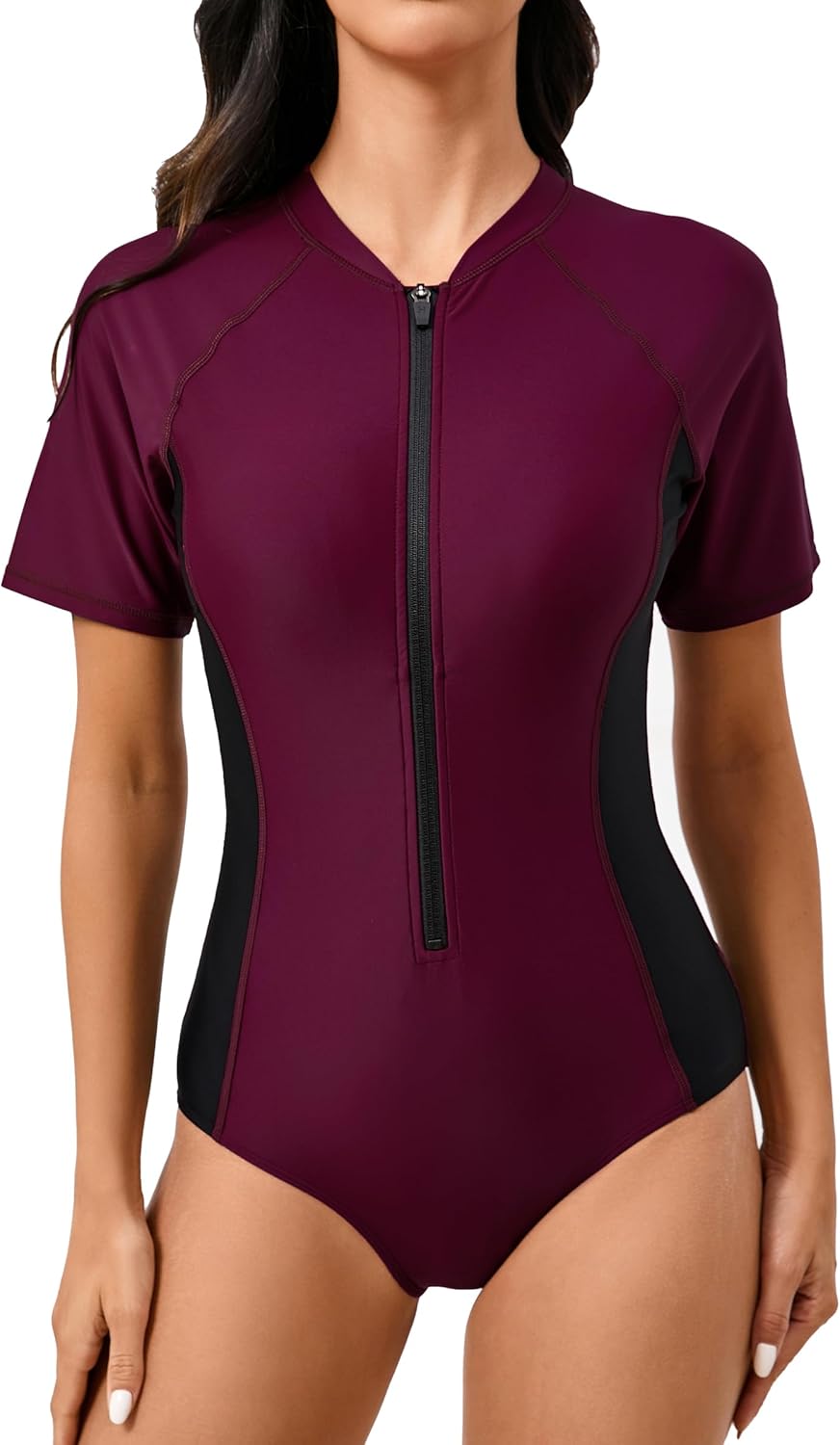 Halcurt Women's Short Sleeve One Piece Rash Guard Swimsuit Zip Front UPF50+ Surfing Athletic Bathing Suit - TrendyLookz