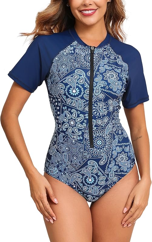 Halcurt Women's Short Sleeve One Piece Rash Guard Swimsuit Zip Front UPF50+ Surfing Athletic Bathing Suit - TrendyLookz